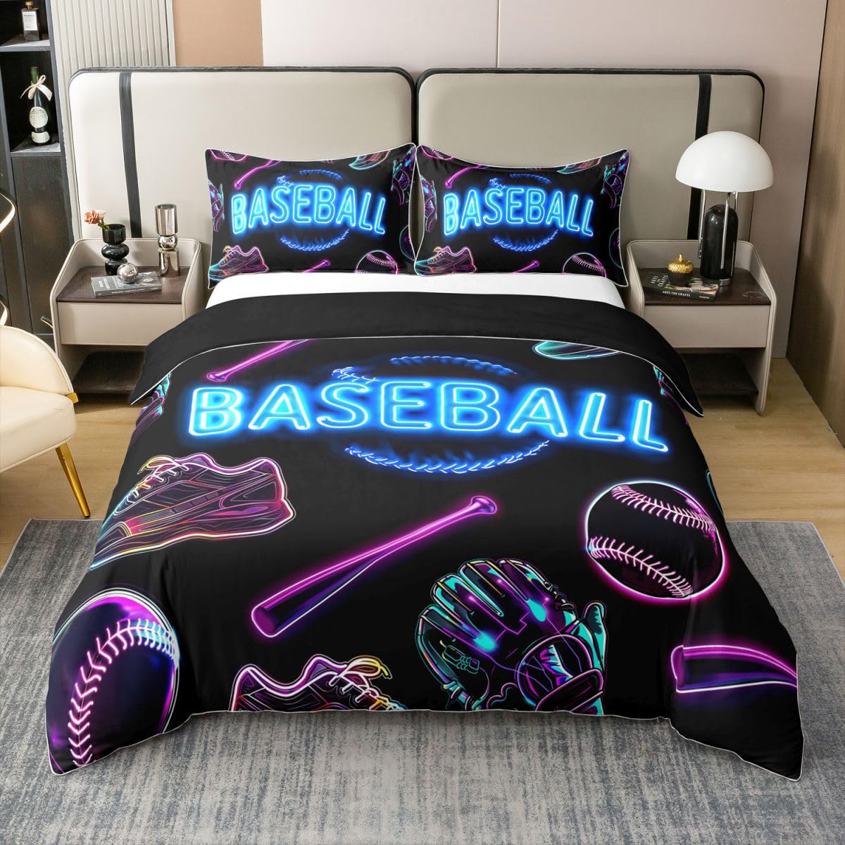 Homewish Baseball King Zestawy poszewek na kołdrę chłopcy sport gra bawełniana pościel dzieci nastolatki świecąca piłka gry poszwa na kołdrę miękka oddychająca czapka baseballowa rękawiczki buty wzór