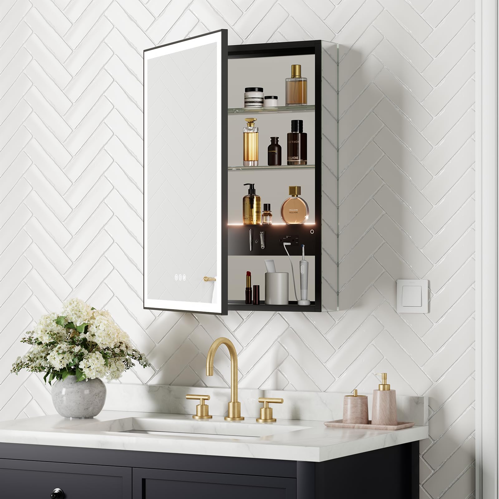 Photo 1 of TIFULLHOME 24x32 Premium Black Framed Medicine Cabinet with Lights, 3-Color/Dimmable, Anti-Fog, Aluminum, Plug-in & Hardwired, Surface Mount & Recessed, Centered Outlets & USB Ports, Magnetic Area