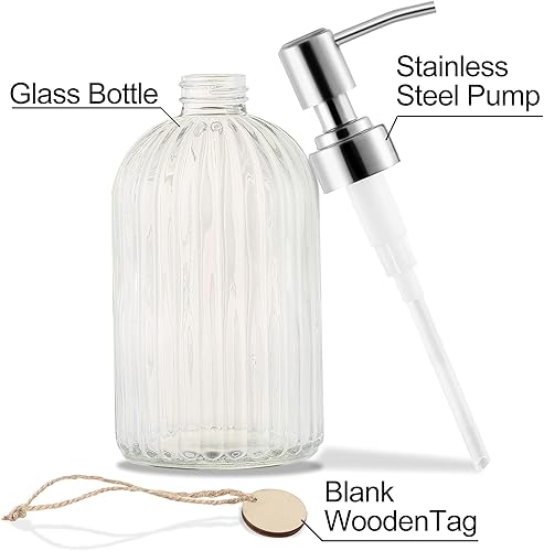 Miniatura 3 de Dispensador de jabón de 16 onzas, vidrio templado, a rayas verticales transparentes con bomba de acero inoxidable 304 a prueba de óxido, dispensador