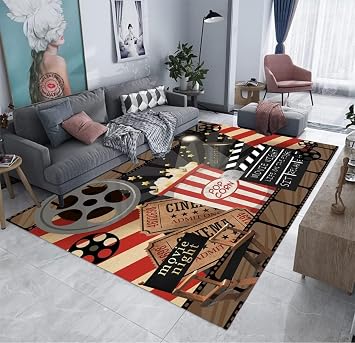 Full Size Vintage Movie Area Rug, 3x4ft Red Home Theater Carpet,Theater Accessories Home Cinema Sign Washable with Non-Slip Backing, Gamer Room Living Room Decor, 36x48in