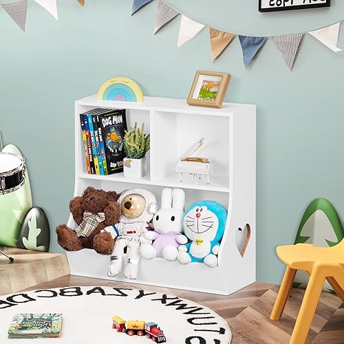 Miniatura 6 de Lerliuo Estantería y organizador de almacenamiento para bebés y niños pequeños, gabinete y estantería para niños, estante de madera con 3 cubos para