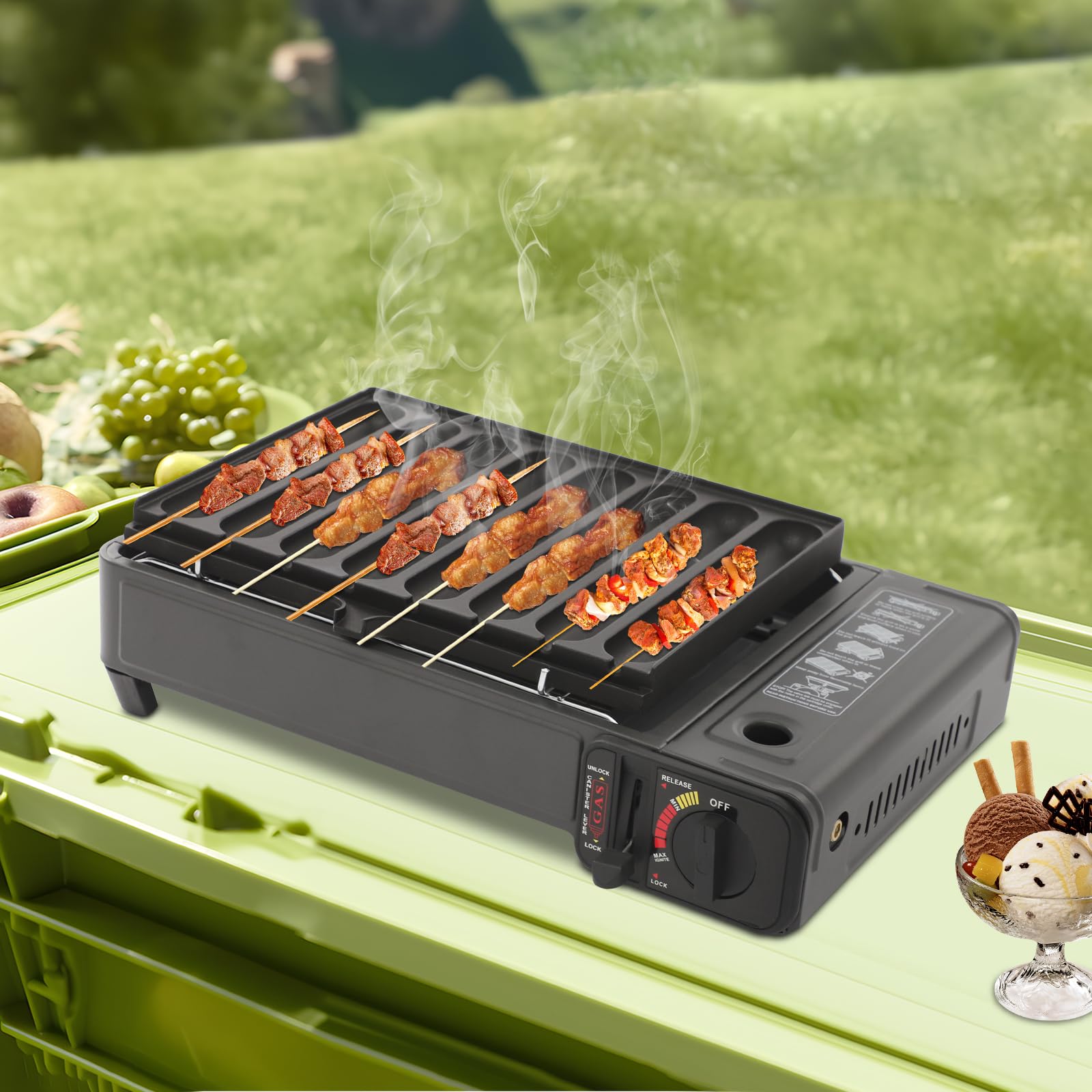 Tragbarer Gasgrill Camping, mit Würstchen-Grillplatte und Tragetasche, 2200W Campingkocher 42x26x11cm, Abnehmbare Fettauffangschale, für Balkon, Garten BBQ (Schwarz)