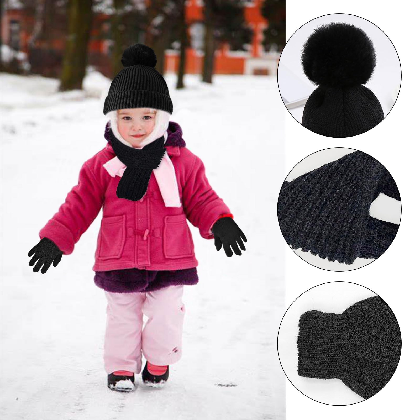 3 Pcs Set Invierno Cálido para Niños: Gorro Beanie, Bufanda y Guantes de Punto