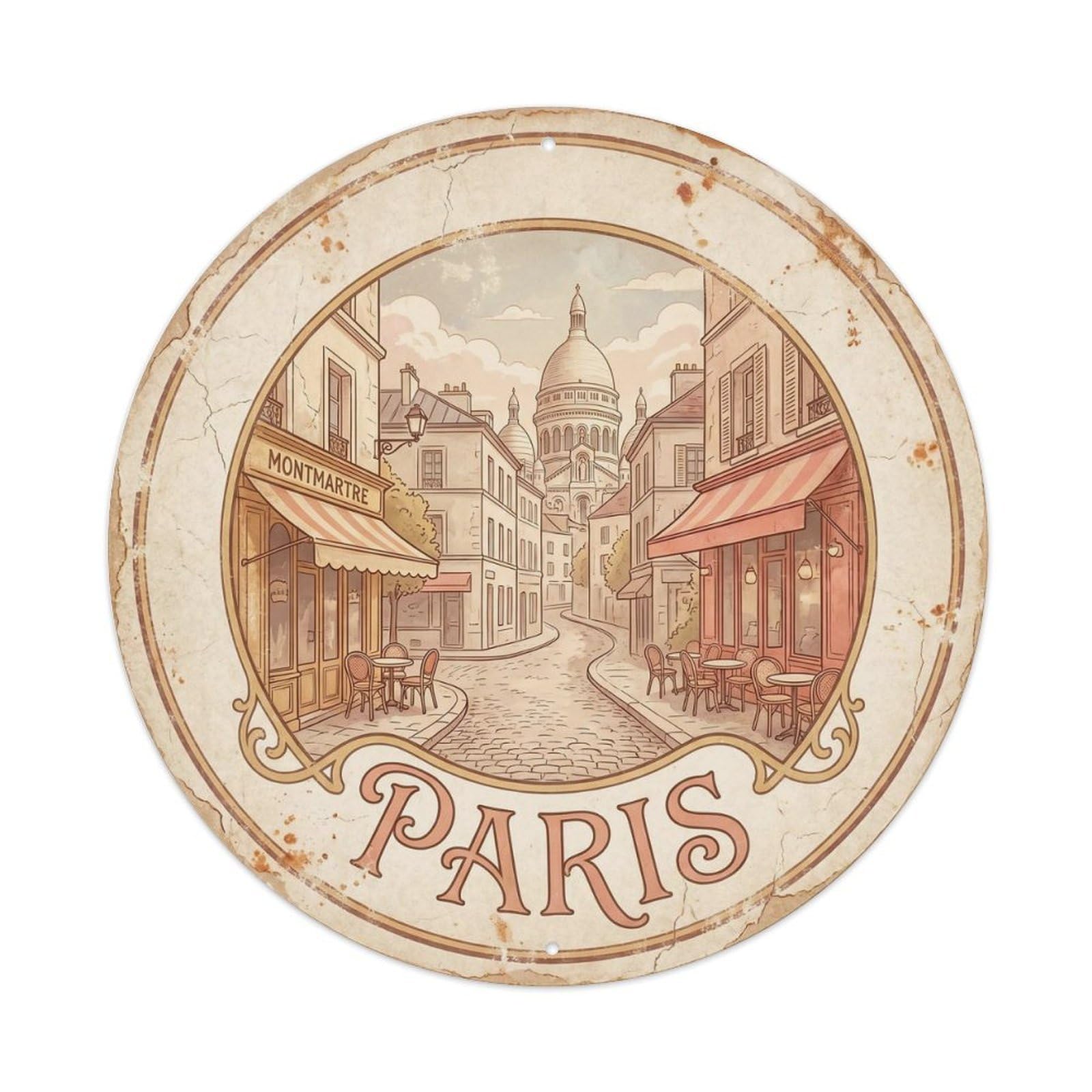 Vintage Travel Parisian Montmartre Streets Metal Tin Sign Plaque Wall Decor for Cafe, Club Bar, Office, Home Garden Round Metal Poster 8x8Inch