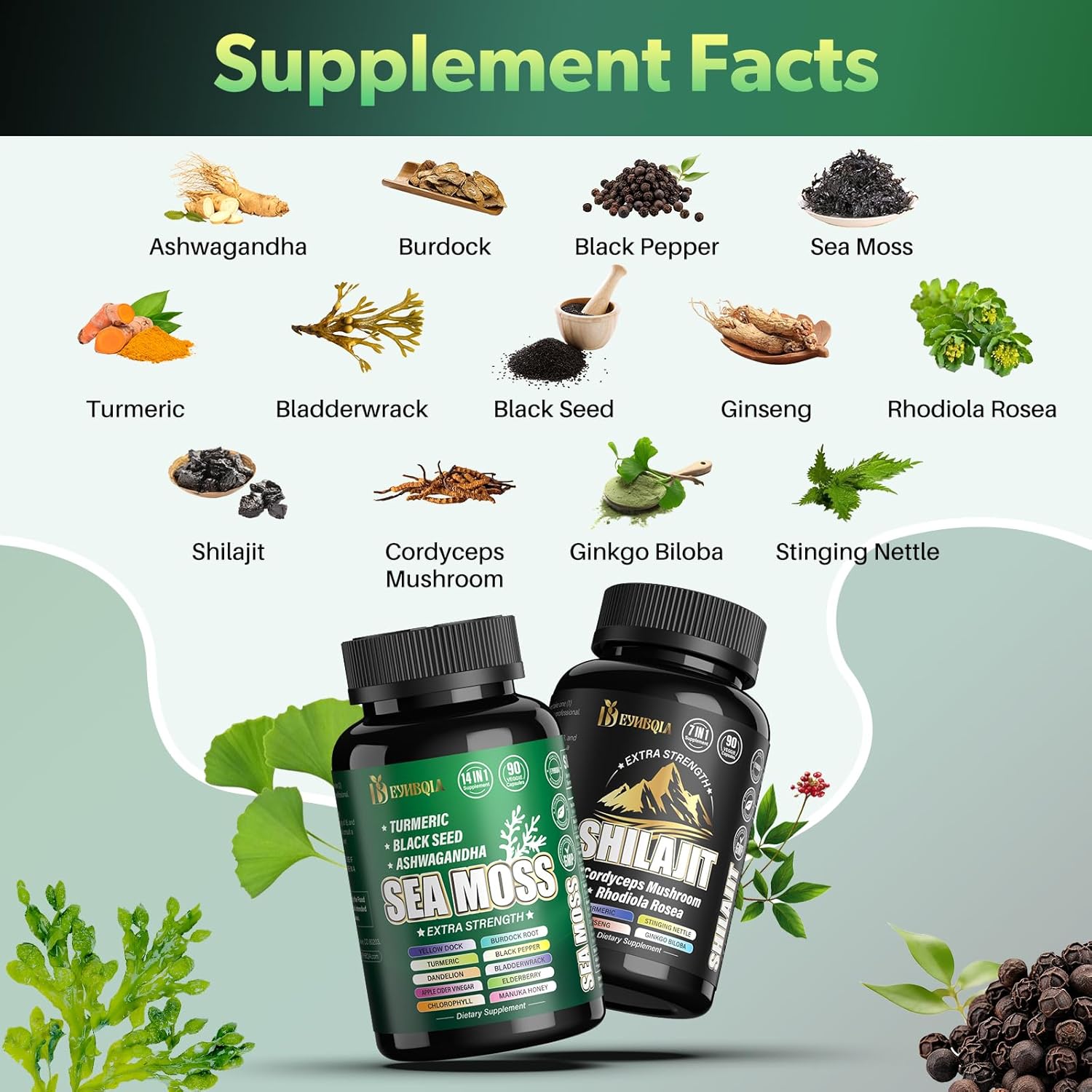 Sea Moss and shilajit Bundle - 90 Count - Sea Moss, Black Seed Oil, Ashwagandha, Turmeric & Shilajit, Rhodiola Rosea,Burdock, Bladderwrack 21 in 1 Supplements Brown (3 Packs)