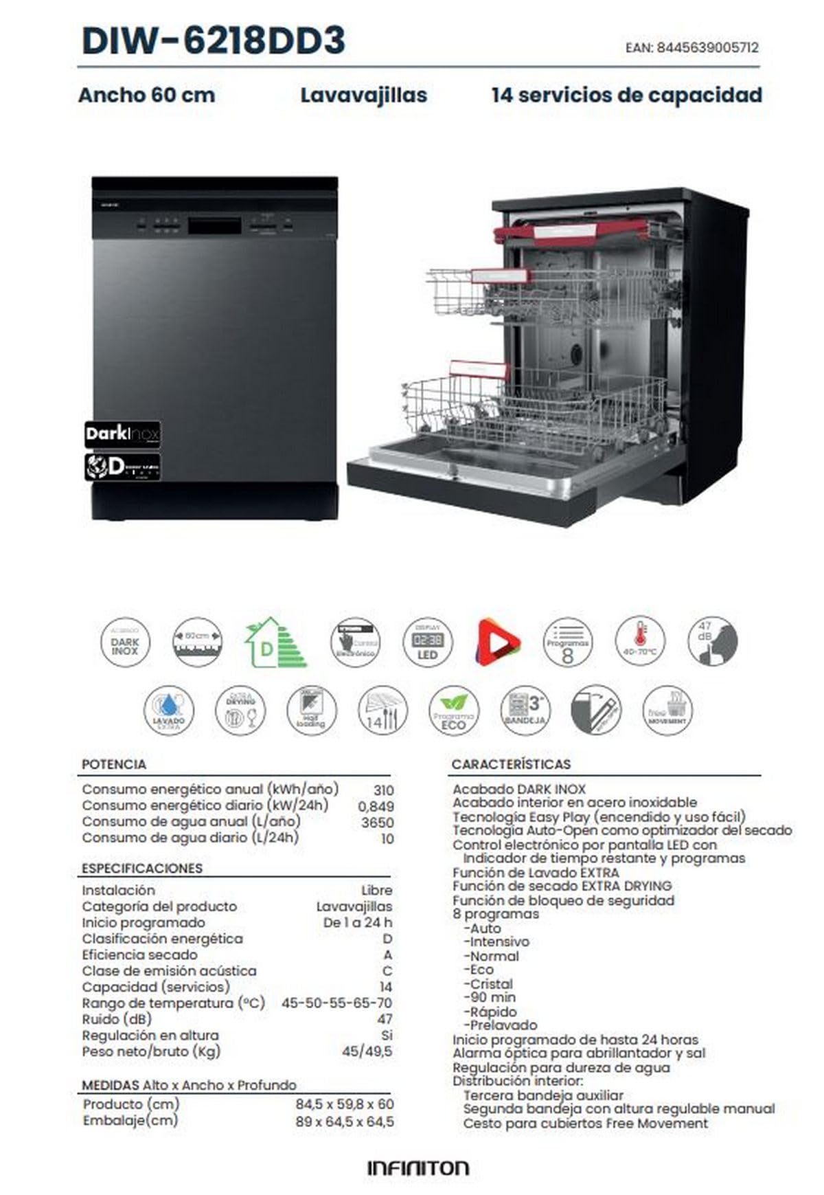 Lavavajillas Infiniton DIW-6115, Ancho 60 cm, D, 8 Programas, 14 Servicios, Tercera Bandeja (Dark Inox || DIW-6218DD3)