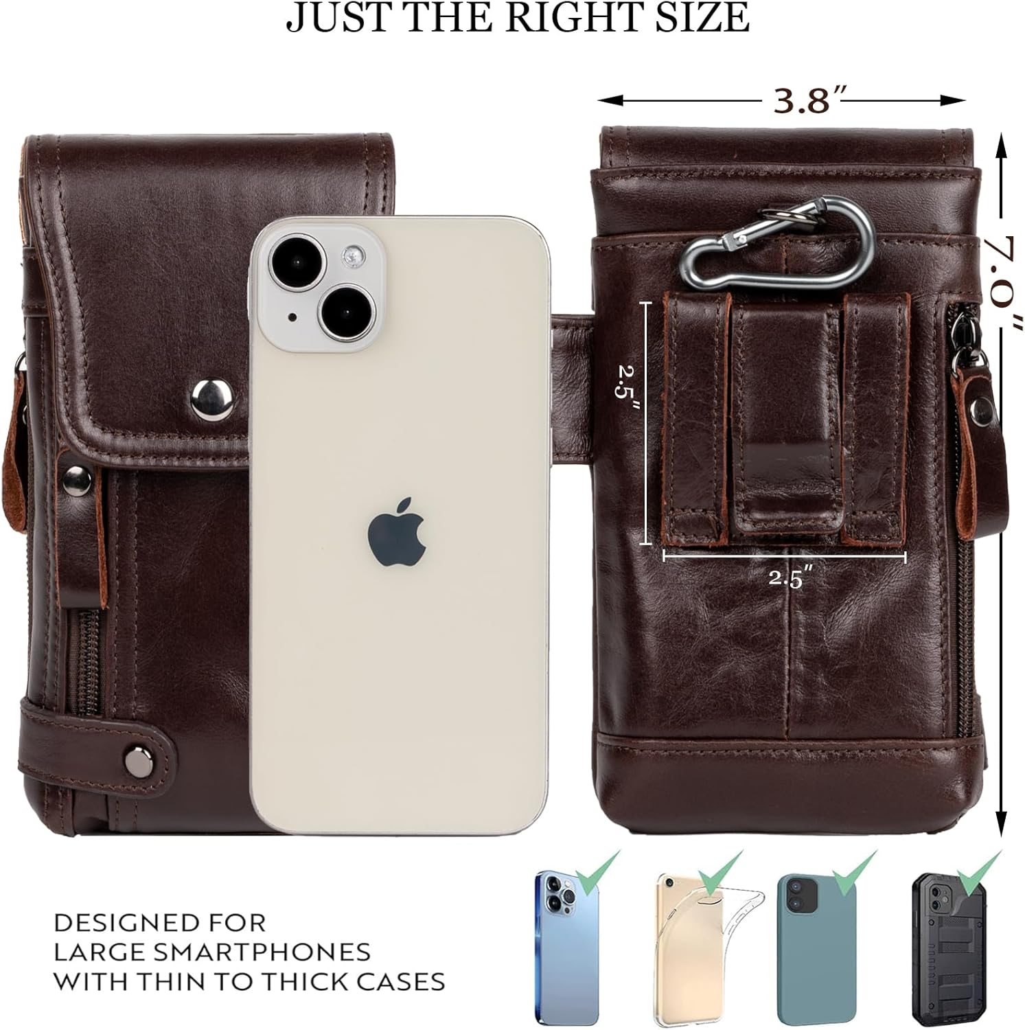 Leather Phone Holster - Genuine Full-Grain Buffalo Leather Cell Phone Holsters - for iPhone 16, 15, 14, 13pro, Galaxy S24, S23, S22 (Coffe, Large)