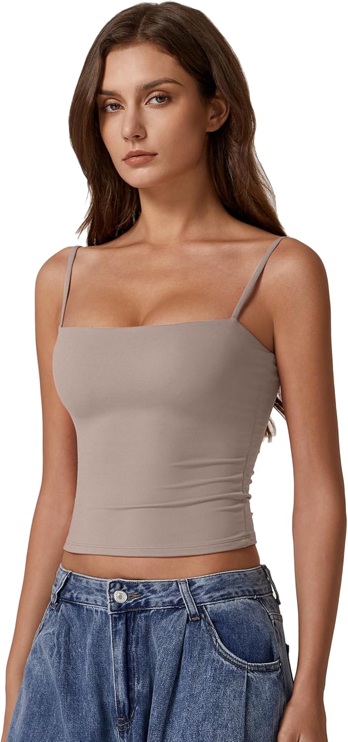 QINSEN Women's Double Lined Basic Tank Top Adjustable Spaghetti Straps Sleeveless Camisole Shirts - Image 3