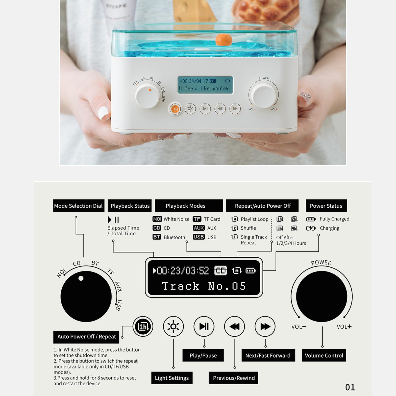 Lettore di Cassette Bluetooth CD Boombox Radio Portatile Wave Record, Rumore Bianco Marino con Luce Ambientale a Onde Interruttore Rotante, 8 Suoni Naturali Funzione Timer di spegnimento
