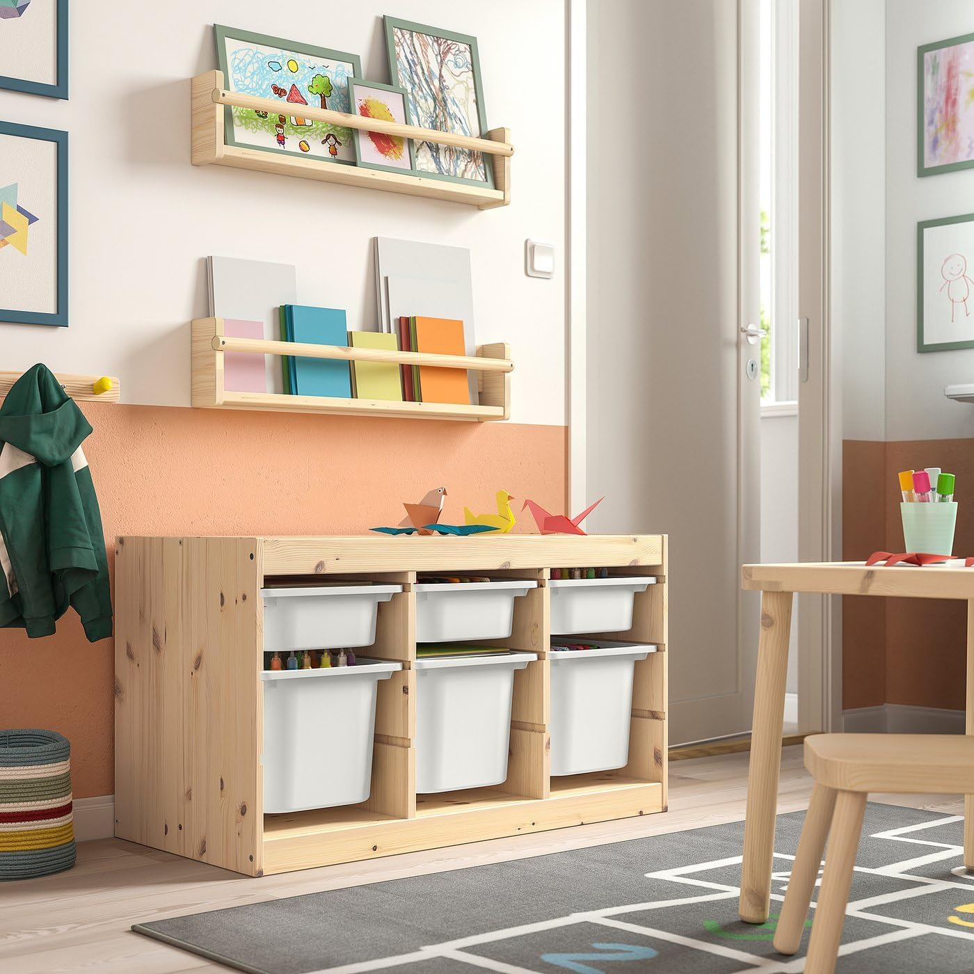 Storage Organizer with Removable Boxes, Solid Pine Wood Frame Storage Unit, Low Child-Friendly, Plastic Bins Included, 36.6 x 17.4 x 20.5 Inches (Light White Stained Pine/White)