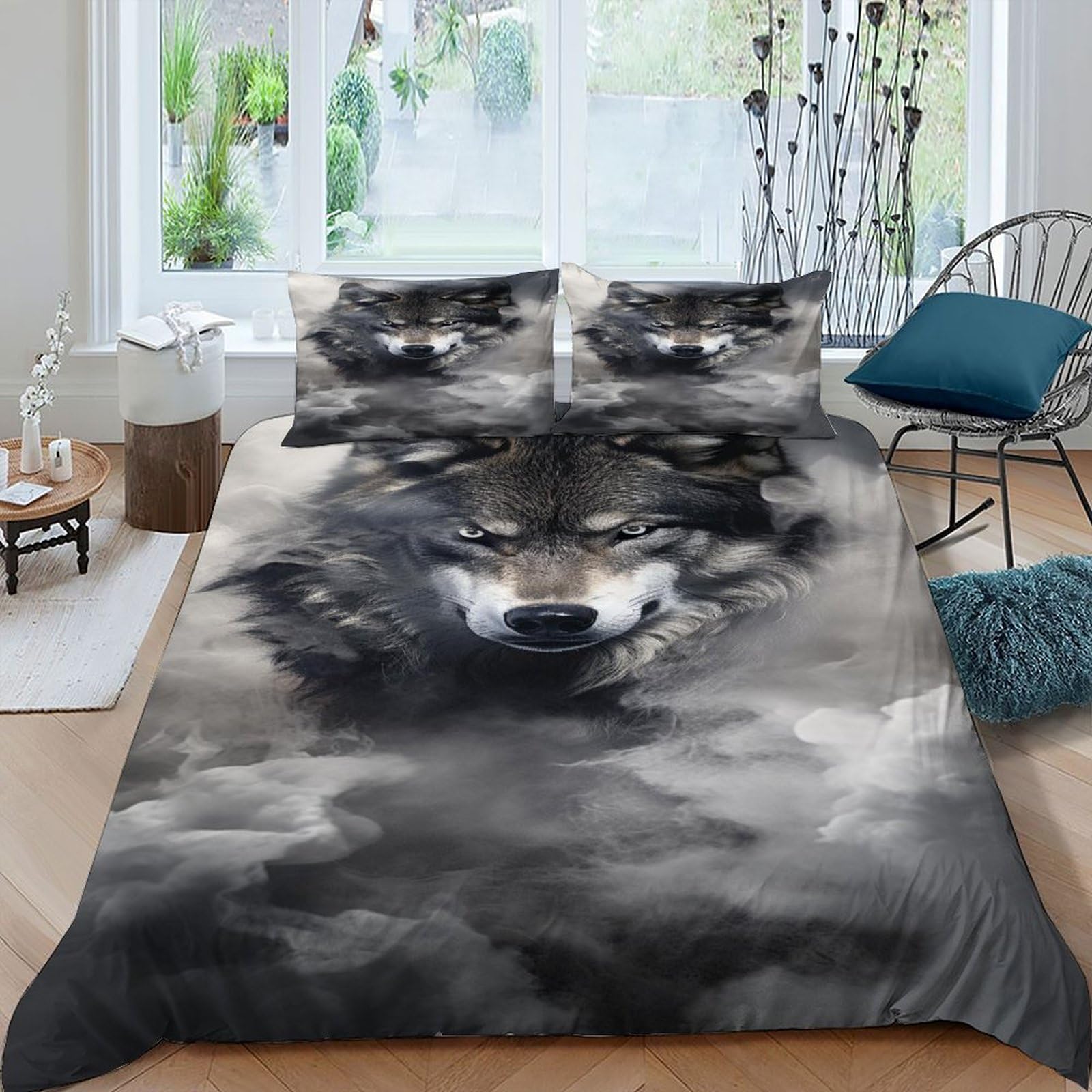 Linge de lit loup imprimé 3D en microfine premium pour lit double king size