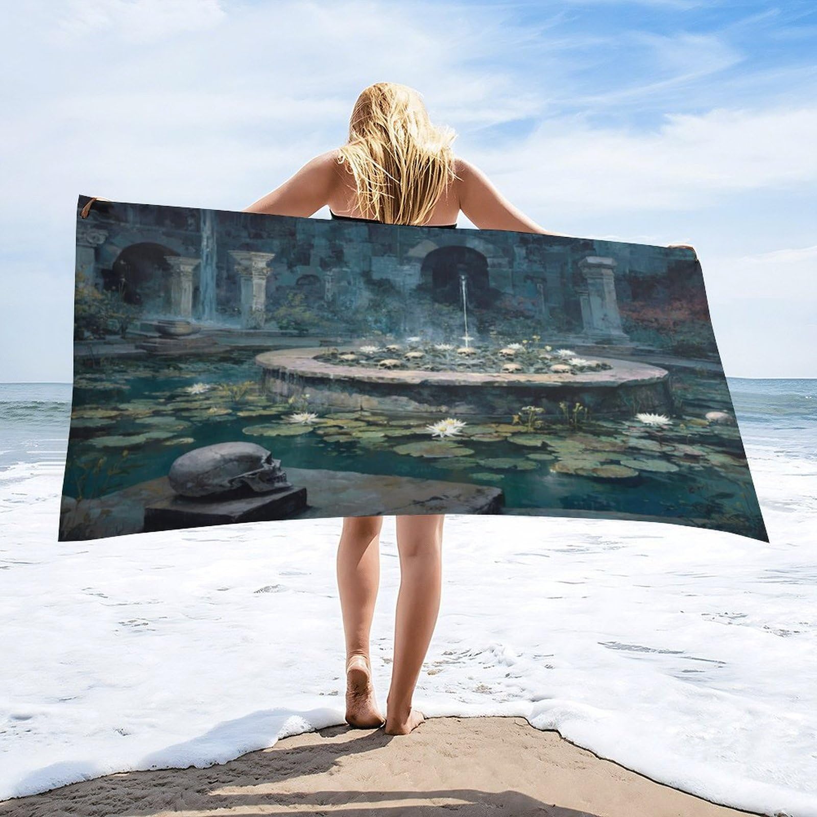 Luyysky Fantasy Abstract Castle Skull Absorbent Beach Towel, Vintage Gothic Castle Skeleton Plant Lotus Flowers Green Leaves Outdoor Single-Sided Velvet Beach Towel-80 W Cm X 160" L Cm