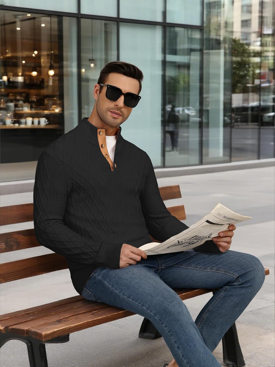 Auxo Men's Cable Knit Pullover Sweaters Casual Long Sleeve Stand Collar Quarter Button Knitted Sweater - Image 5