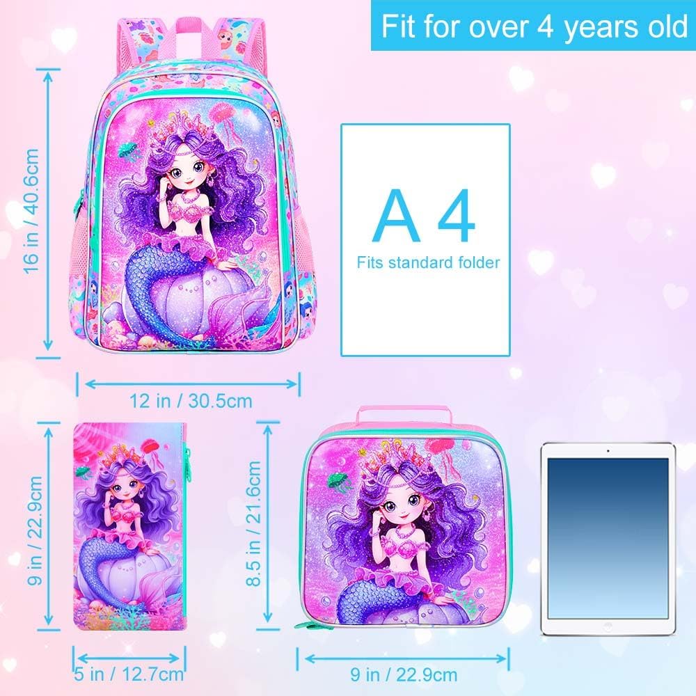 3PCS Mermaid Backpack for Girls, Water Resistant Kids Bookbag Set with Lunch Box,Cute Elementary School Bag for Preschool Toddler - Image 4