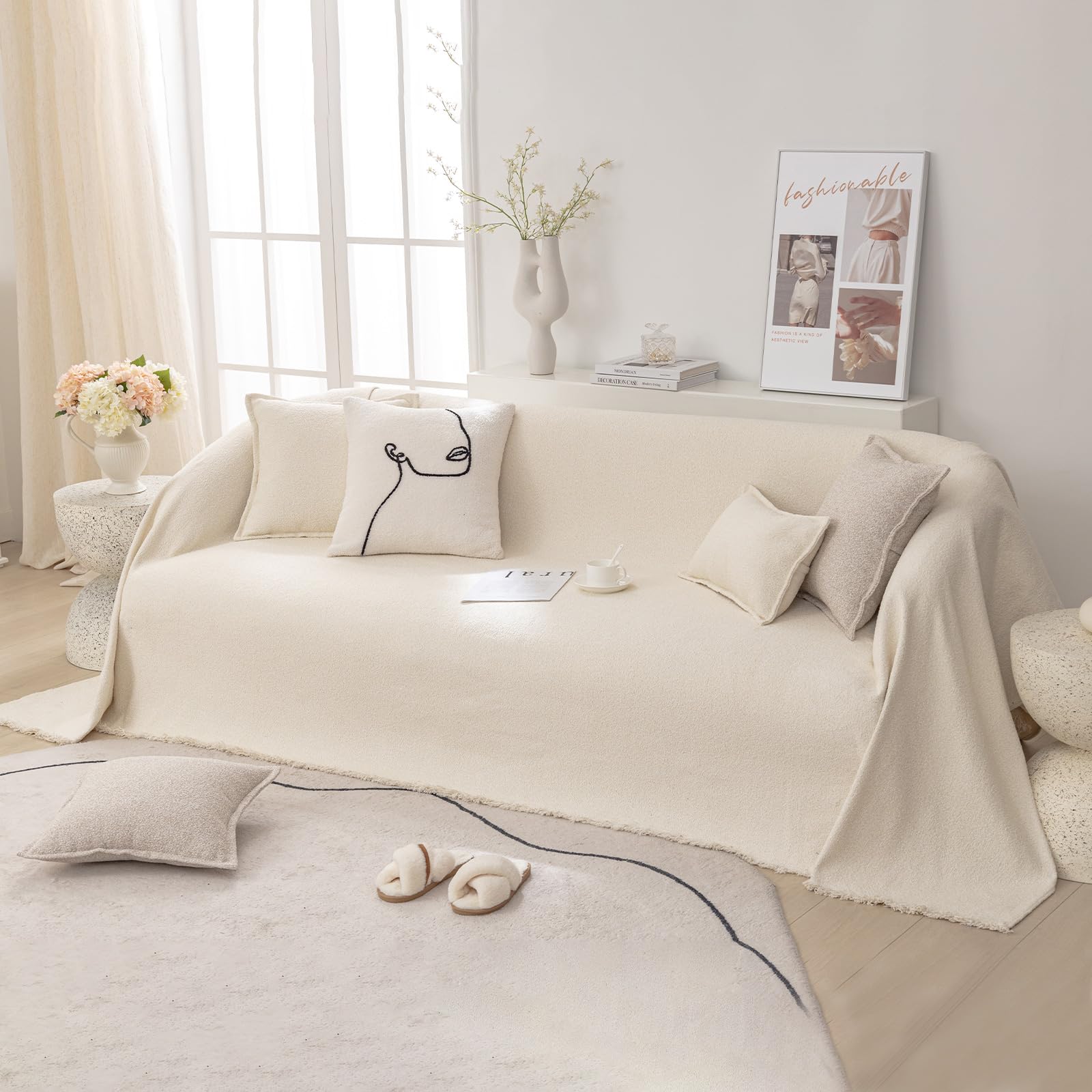 Fundas Sofas, Funda Sofá Moderna y Sencilla, Funda De Lino Plana Resistente Al Desgaste, Protector de Sofa, Cubre Sofas Transpirable Cuatro Estaciones 180 * 300cm-Beige