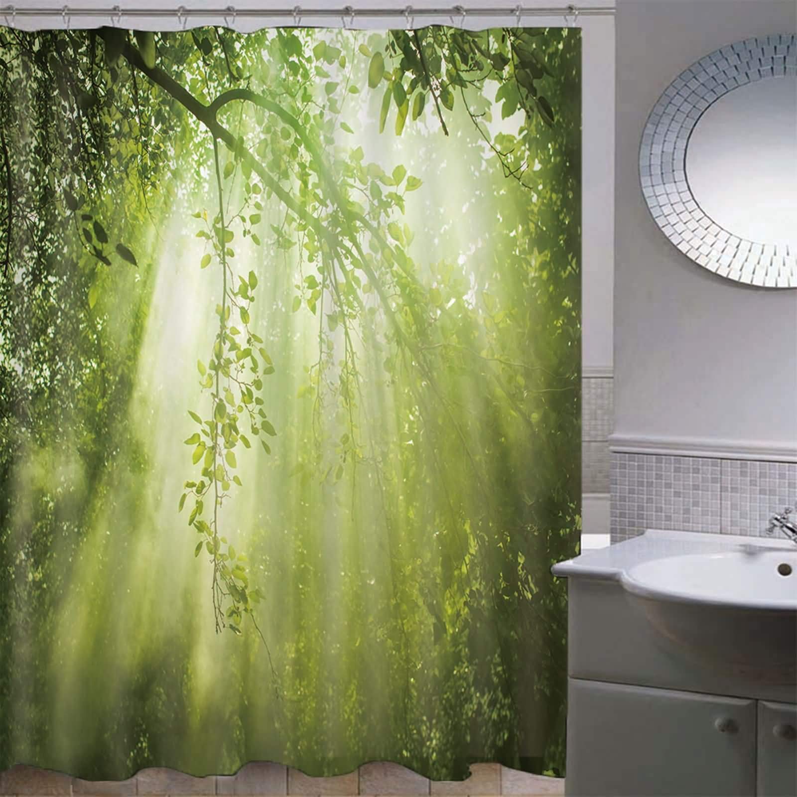 Cortinas de ducha impermeables de tela, cortina de ducha retro natural, 72 x 80 pulgadas, árbol de bosque verde, poliéster, decoración moderna para bañera de baño