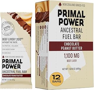Primal Power Beef Liver Bar 1100mg - New Zealand Grass-Fed, 211% DV B12, 10g Protein Collagen - Zero Added Sugar, No Seed Oils, Gluten Free - Chocolate Peanut Butter (12 Pack)