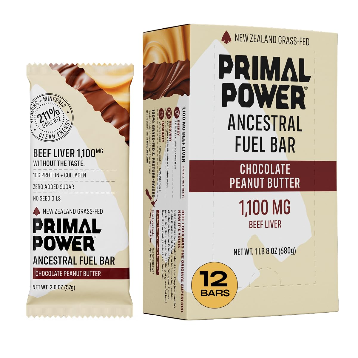 Primal Power Beef Liver Bar 1100mg - New Zealand Grass-Fed, 211% DV B12, 10g Protein Collagen - Zero Added Sugar, No Seed Oils, Gluten Free - Chocolate Peanut Butter (12 Pack)
