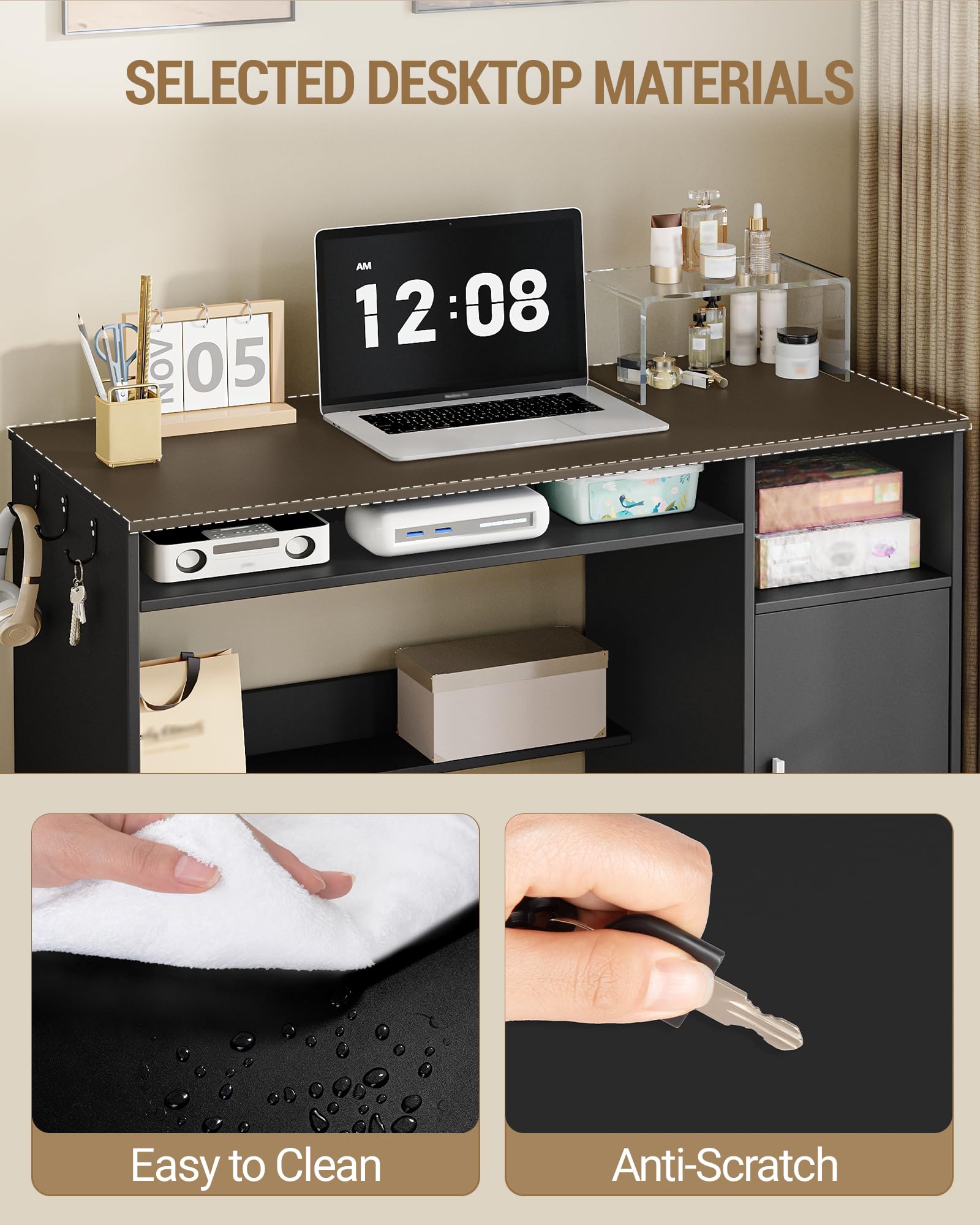 Hzuaneri Mesa Ordenador, Mesa de Oficina con Almacenamiento, Escritorio Moderno con Estantería, para Estudio, Oficina, Dormitorio, 50 x 108 x 75 cm, Negro CD10106X