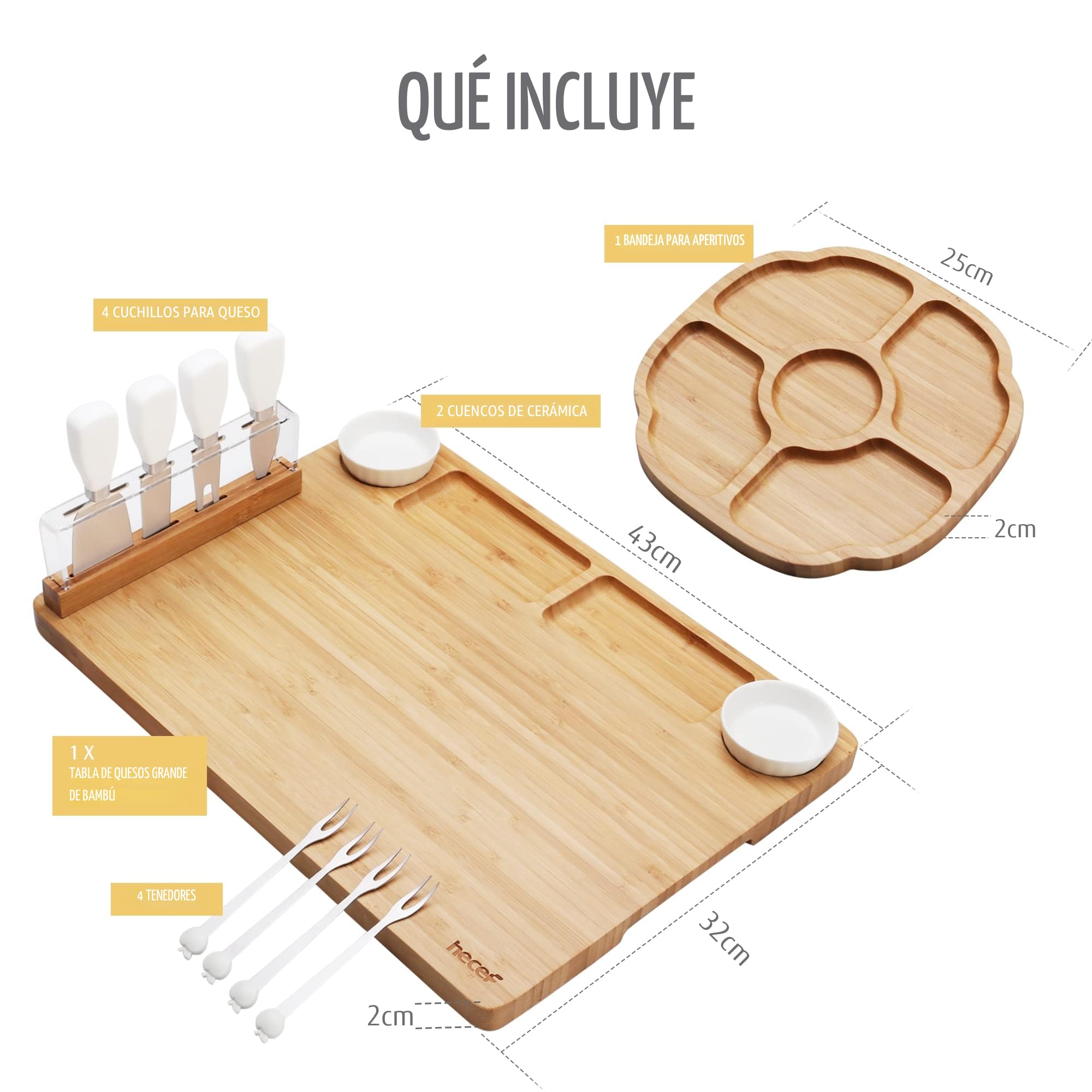 hecef Tabla de Quesos de Bambú con Utensilios 13 piezas, 4 Cuchillos para Queso, 2 Cuencos de Cerámica, 4 Tenedores para Servir, Set de Embutidos - Idea Regalo - Bandejas para Servir Comida