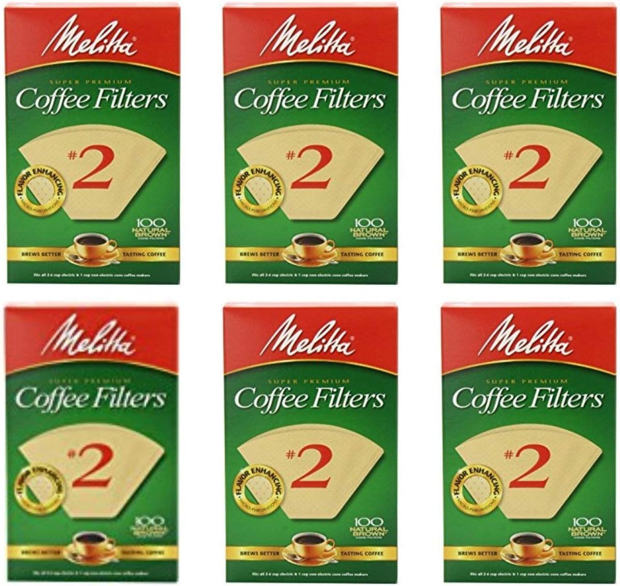 Melitta #2 Cone Coffee Filters, Unbleached Natural Brown, 100 Count (Pack of 6) 600 Total Filters Count - Packaging May Vary