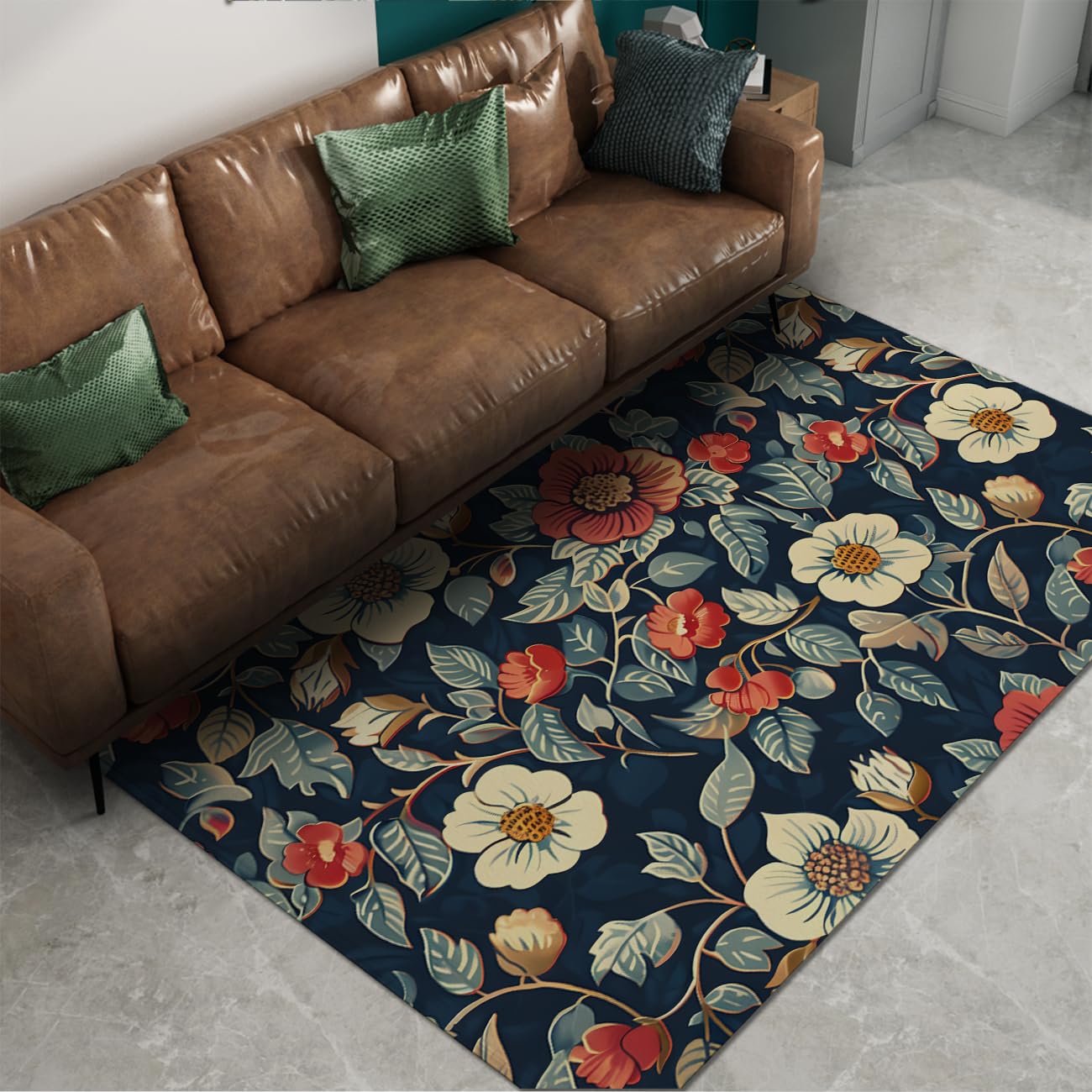 Tapis de salon bleu au motif botanique pour une atmosphère douce et sereine
