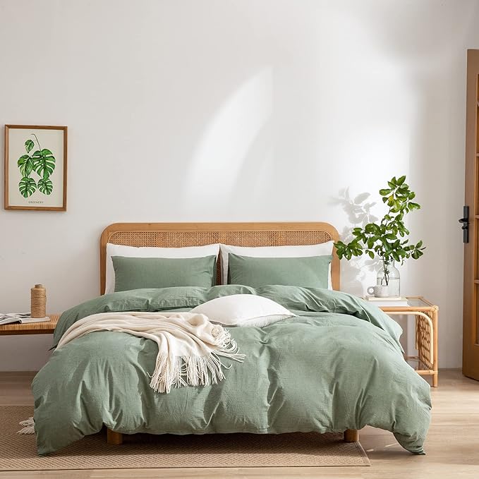 Green Duvet Cover Queen, 100 Washed Cotton Linen Like