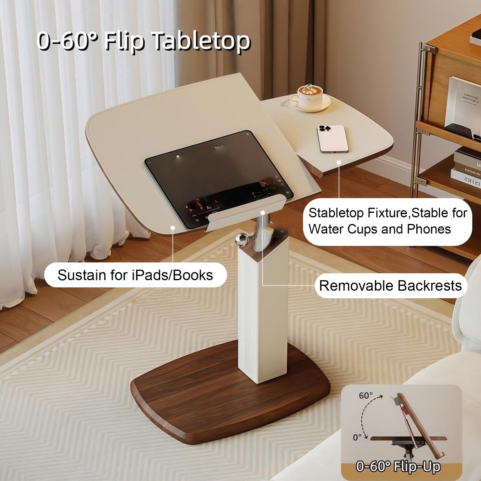 Mesa auxiliar en forma de C de altura ajustable con parte superior giratoria, mesa de sofá rodante que se desliza debajo del sofá, bandeja de TV para cama, color blanco