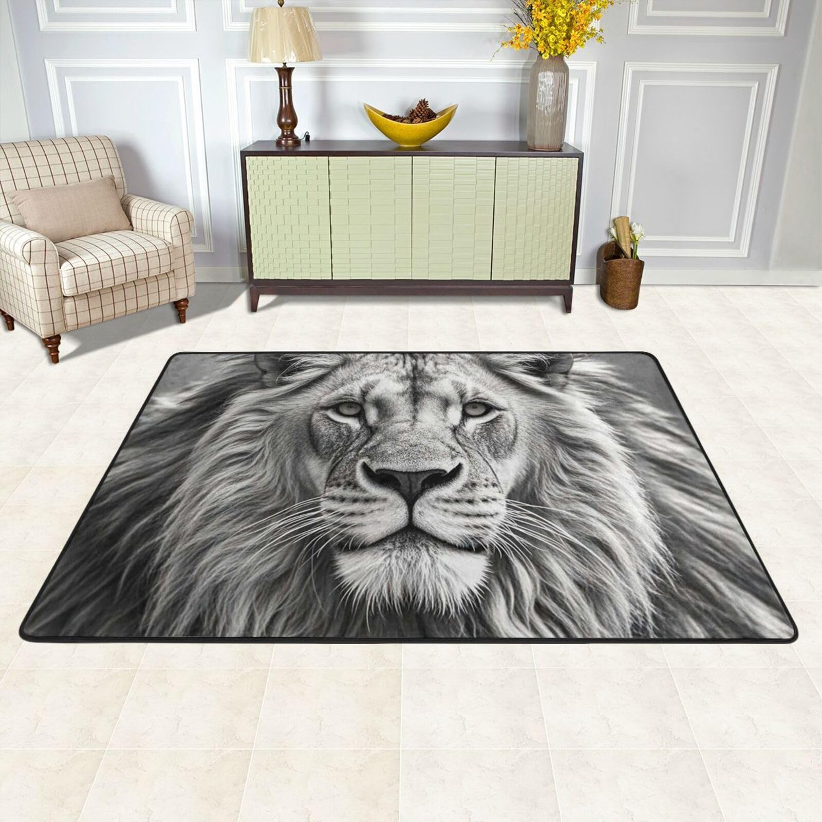 Paillasson lion noir et blanc antidérapant et lavable pour intérieur et extérieur