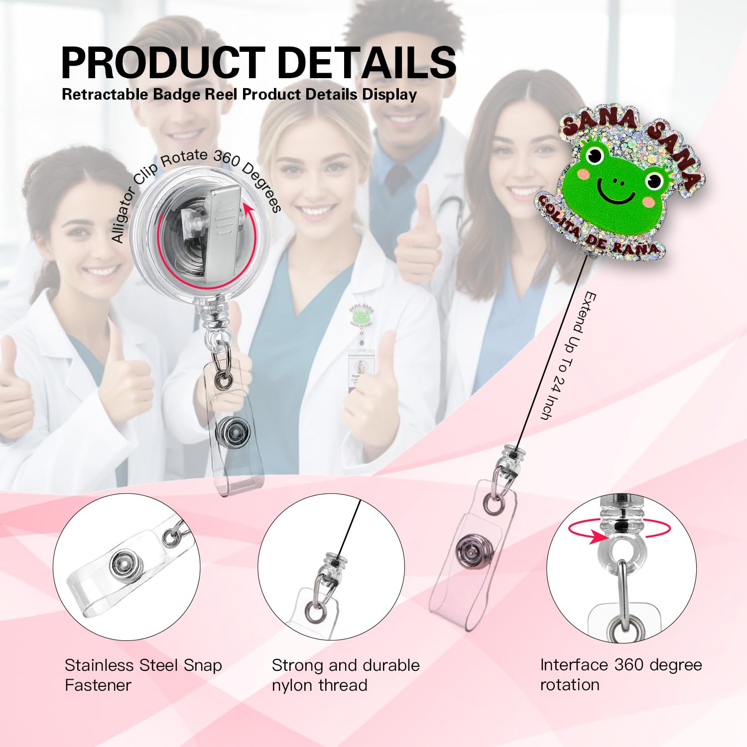 Sana Sana Glitter Nurse ID Clip Reel - Retractable Badge Holder For Medical