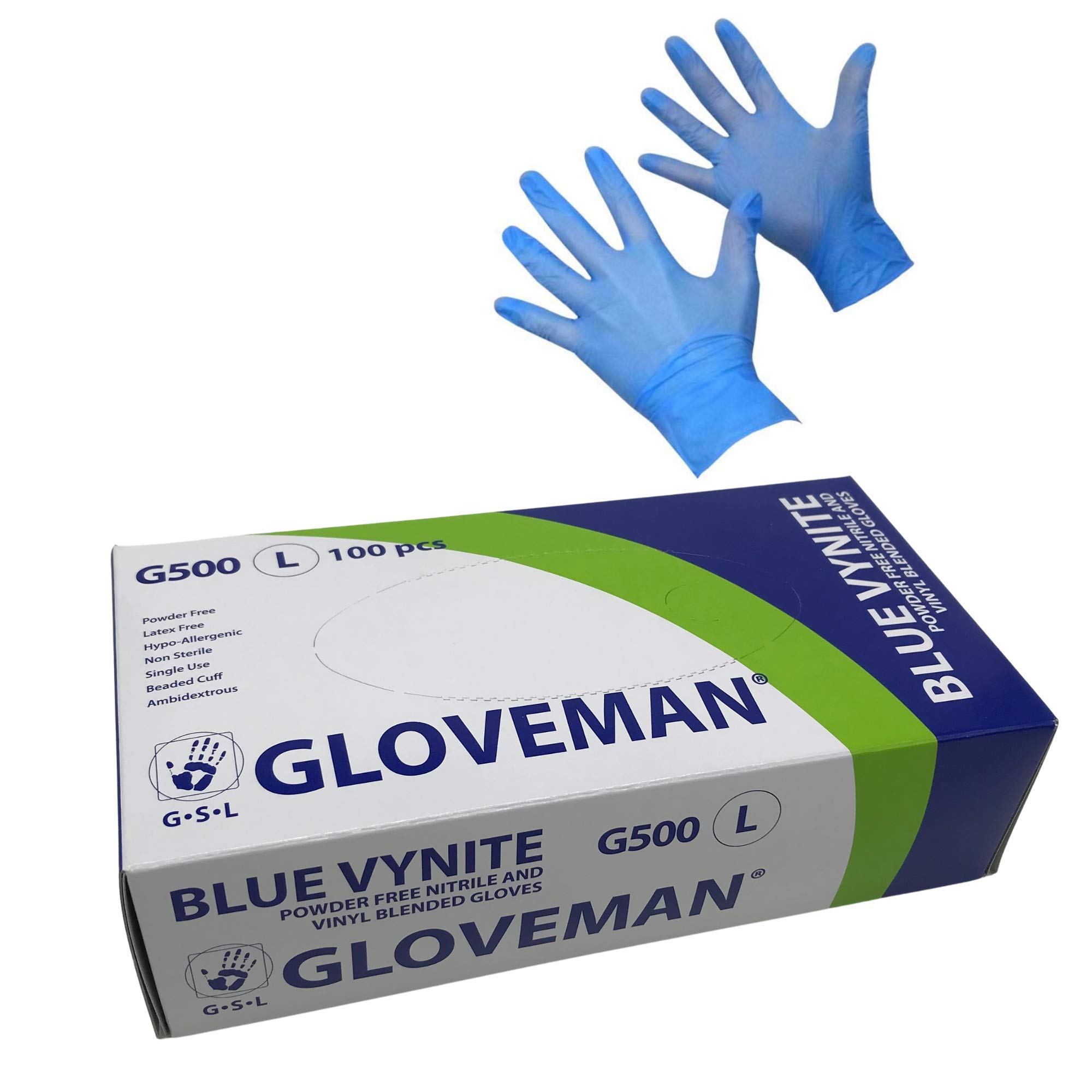 GLOVEMAN Blue Vynite Powder Free Nitrile and Vinyl Blended Disposable Gloves. Latex Free, Hypo-Allergenic, Non Sterile, Single Use, Beaded Cuff Ambidextrous Gloves : Pack of 100: Large G500L