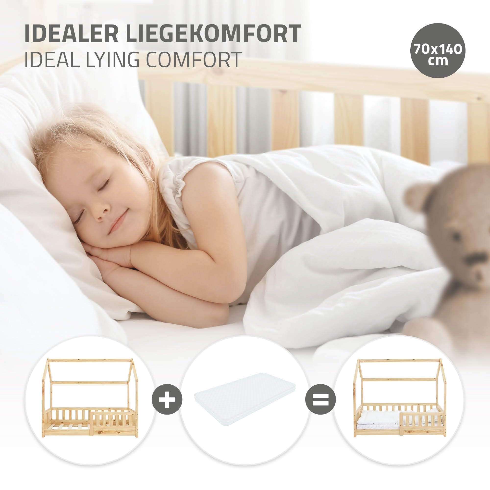 ML-Design Lit Cabane Enfant 70x140 cm Naturel en Bois Massif avec Protection Contre la Chute, Toit et Sommier à Lattes, Style Maison, Couchage Maisonnette Barrière de Sécurité pour Fille Garçon