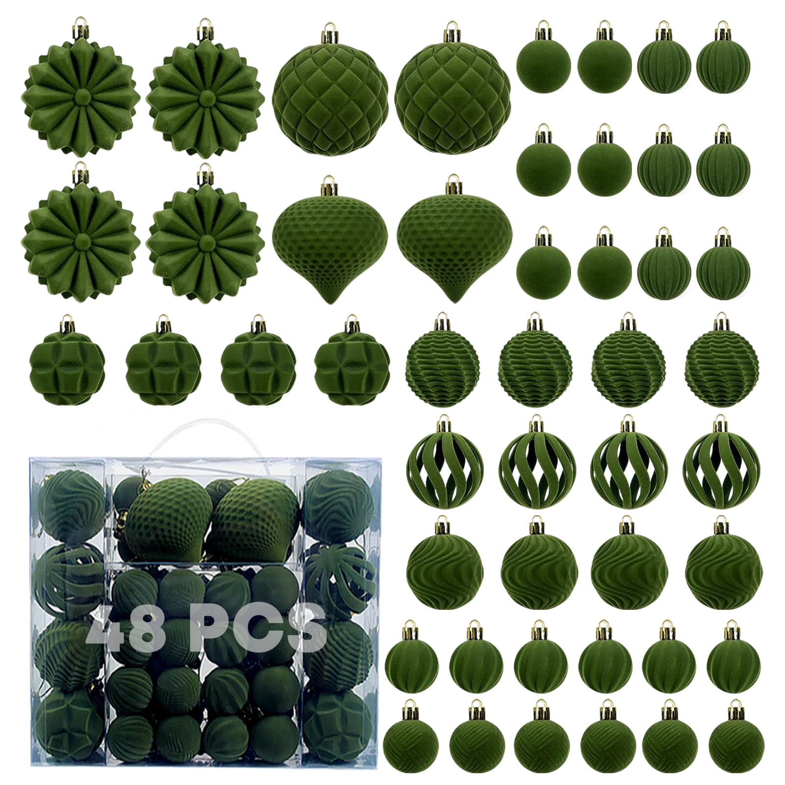 48Pcs Velvet Christmas Baubles Balls Ornaments Set, Flocked Christmas Tree Hanging Decorations, Shatterproof Dark Green Large & Small Bauble for Xmas Party Holiday Decor (Green)