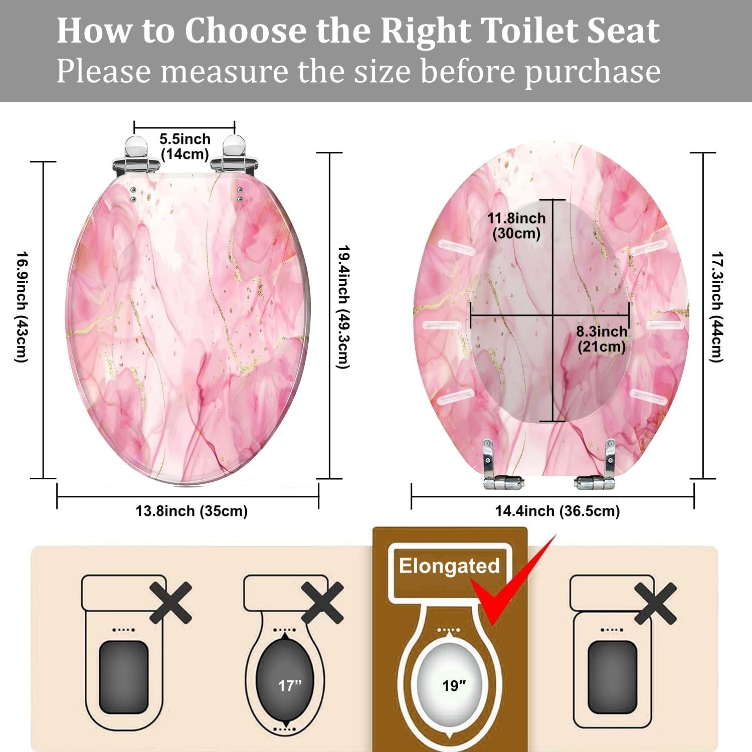 Elongated Decorative Resin Toilet Seat with Rose Pink, Golden Dots & Blush