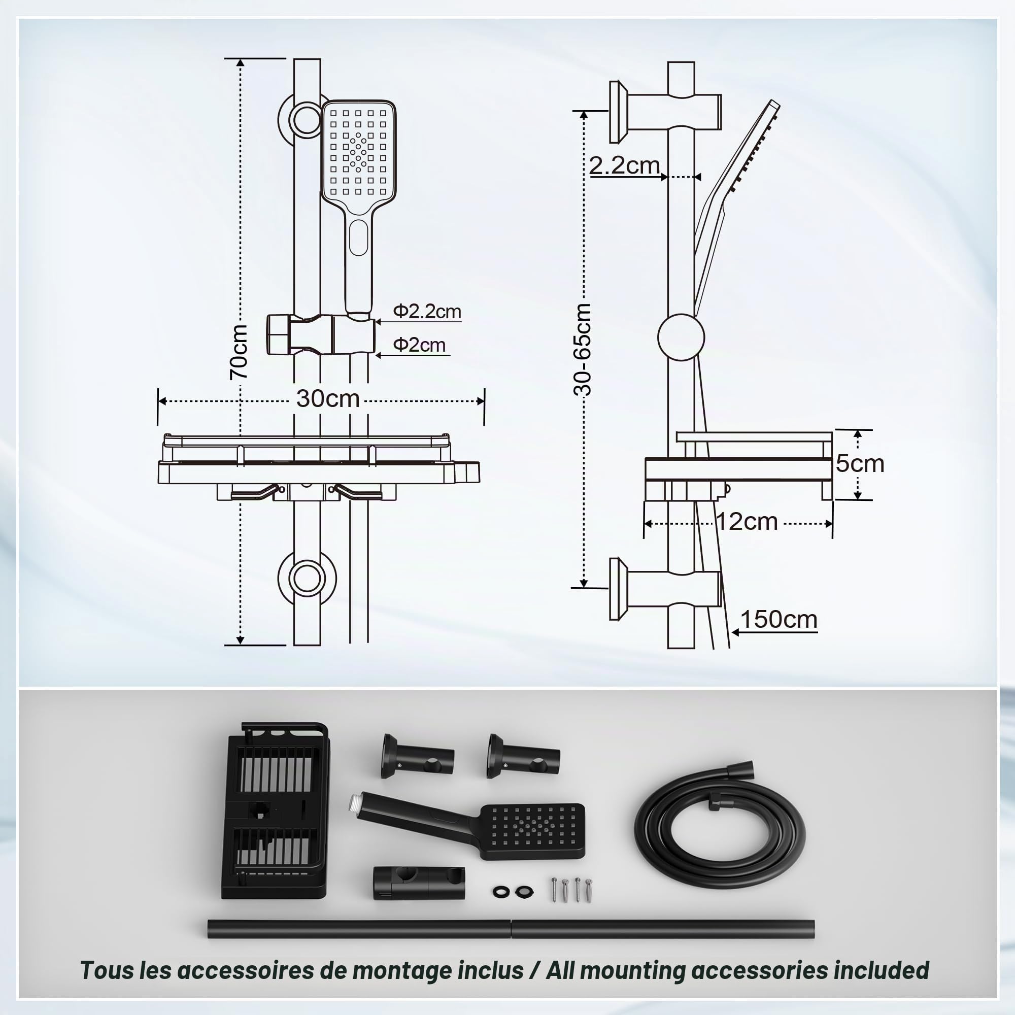 Görbach Colonne de Douche en Acier inoxydable avec Douchette à Main 3 Jets, Ensemble Barre de douche et Support de Pommeau de Douche et Tuyau pour Salle de Bain, Étagère Douche, 70cm Noir
