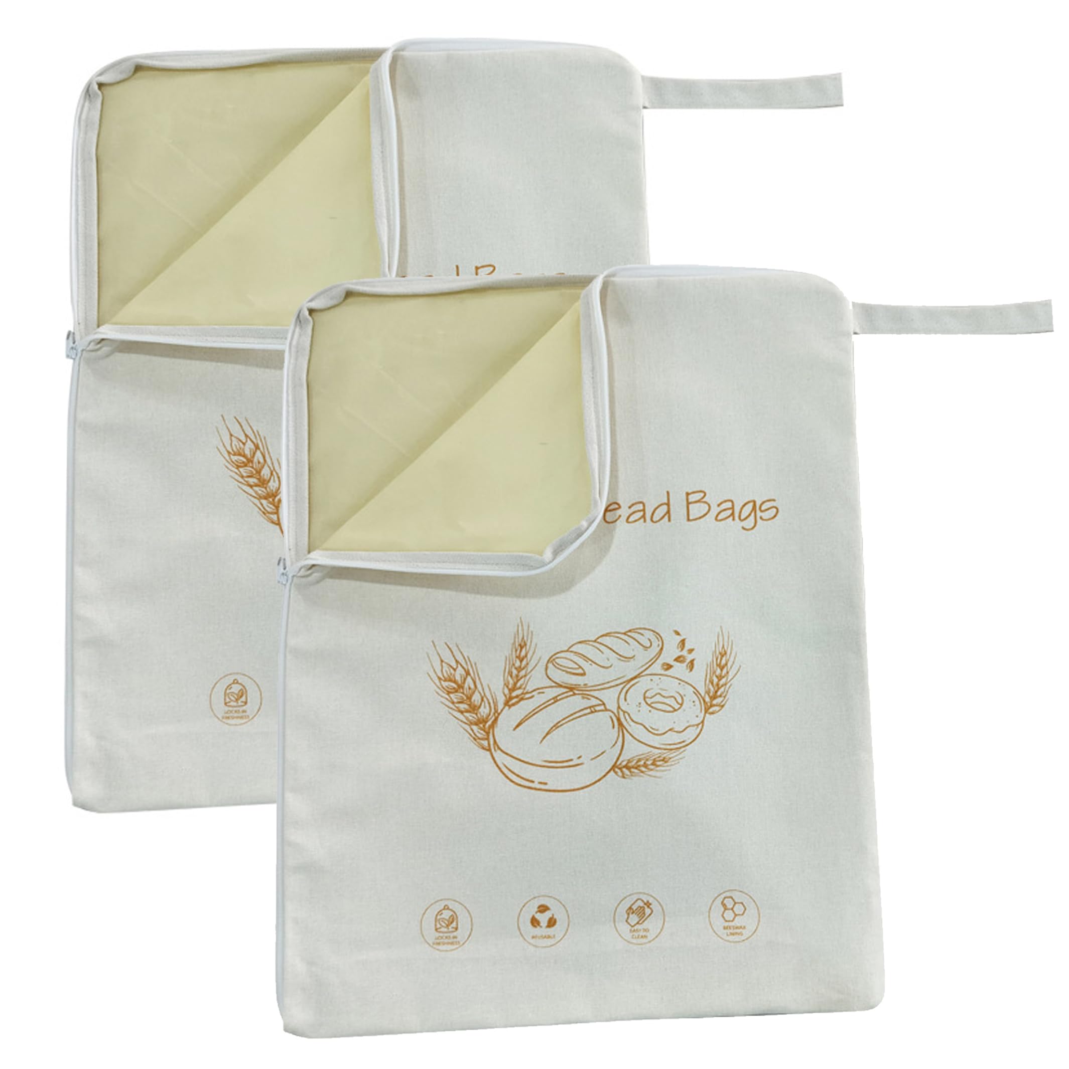 Bolsa de pan reutilizable ecologica de algodon encerado natural con cremallera pack de 2 unidades