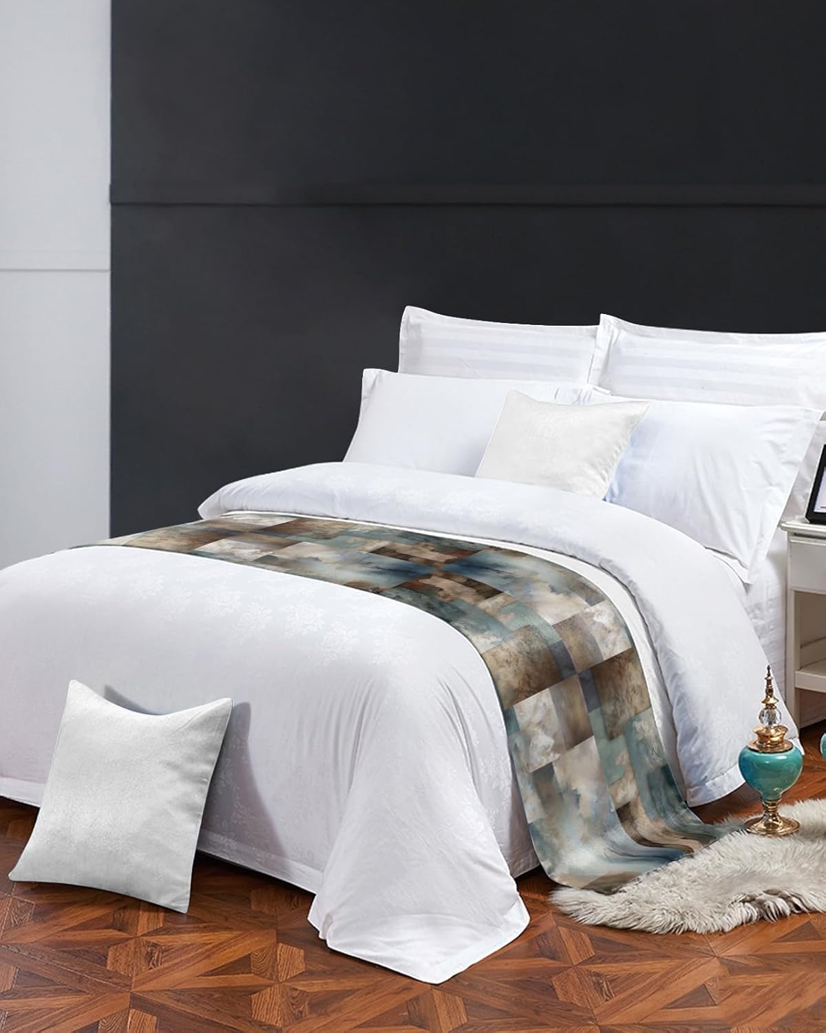 Bed Runner Scarf, Marble Teal Brown Abstract Geometric Lines King Bed Bedding Scarves Cover Decorative Bed Scarf for Home Hotel Guesthouse Bedroom Wedding Room Guestrooms 102"x20"