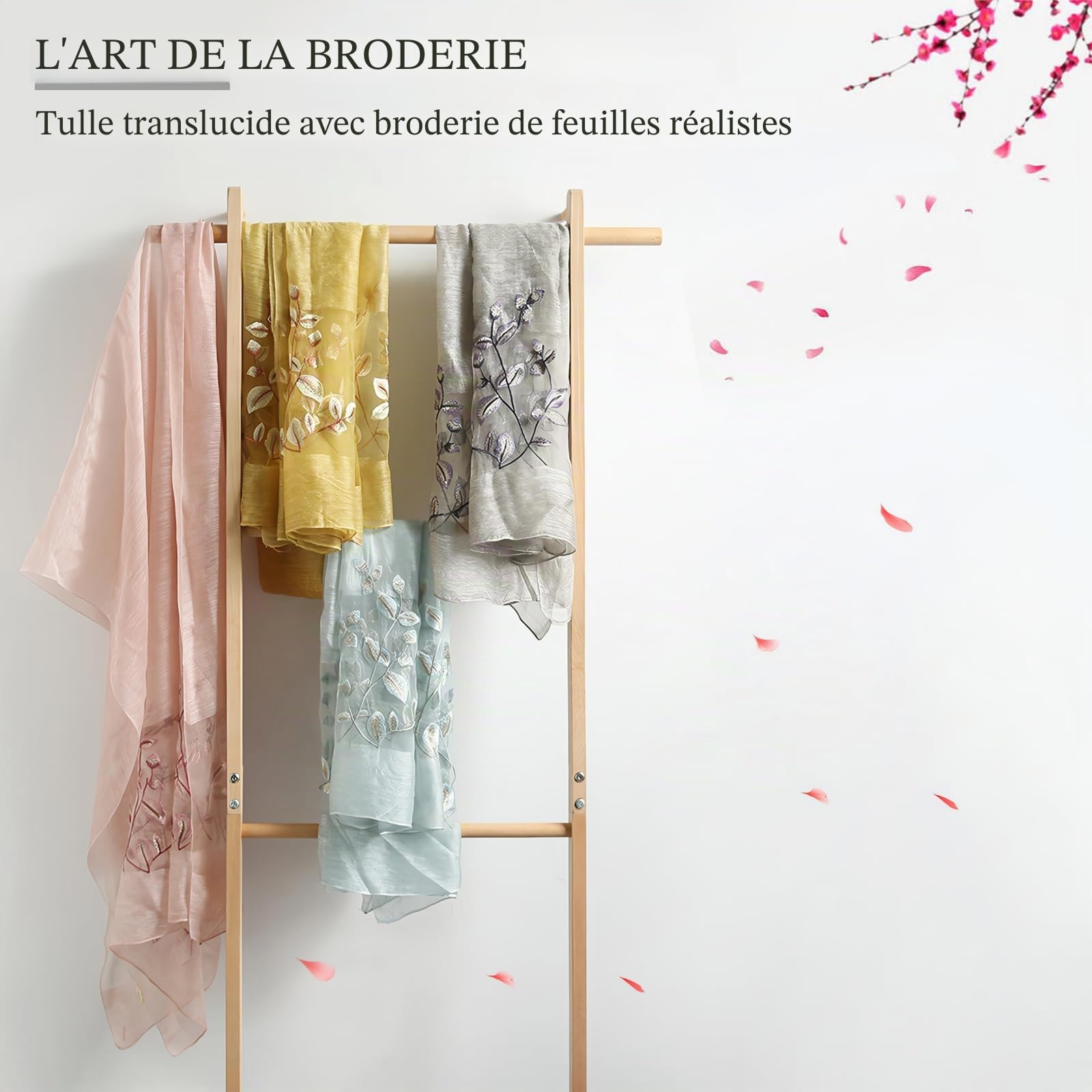 LumiSyne Foulard Soie De Mûrier Femme Écharpe En Mousseline Tulle Transparent Avec Broderie Feuille Léger Doux Écharpe Longue Hijab Châle De Protection Solaire Étole De Mariage Printemps Été Automne