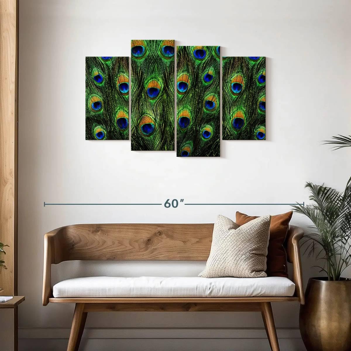 ElephantStock - Peacock Tail Wall Art - Horizontal Multi Panel Canvas - 4 Piece Living Room Wall Decor - Photography Animal Multi Piece Wall Art - Green And Blue Decor 