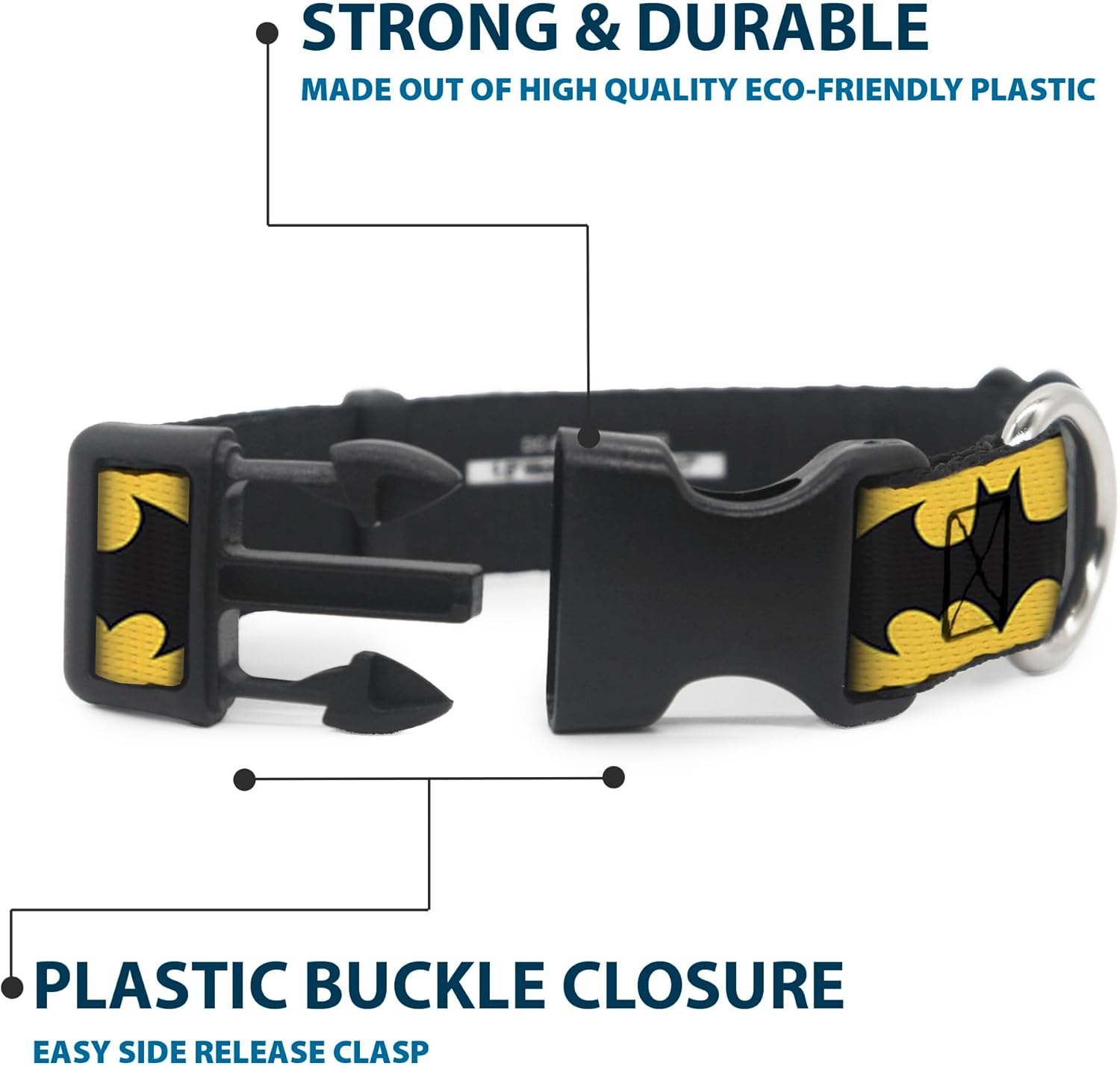 Buckle-Down "Bat Signal-5" Plastic Clip Collar, Black/Yellow/Black, 1.5" Wide-Fits 13-18" Neck-Small