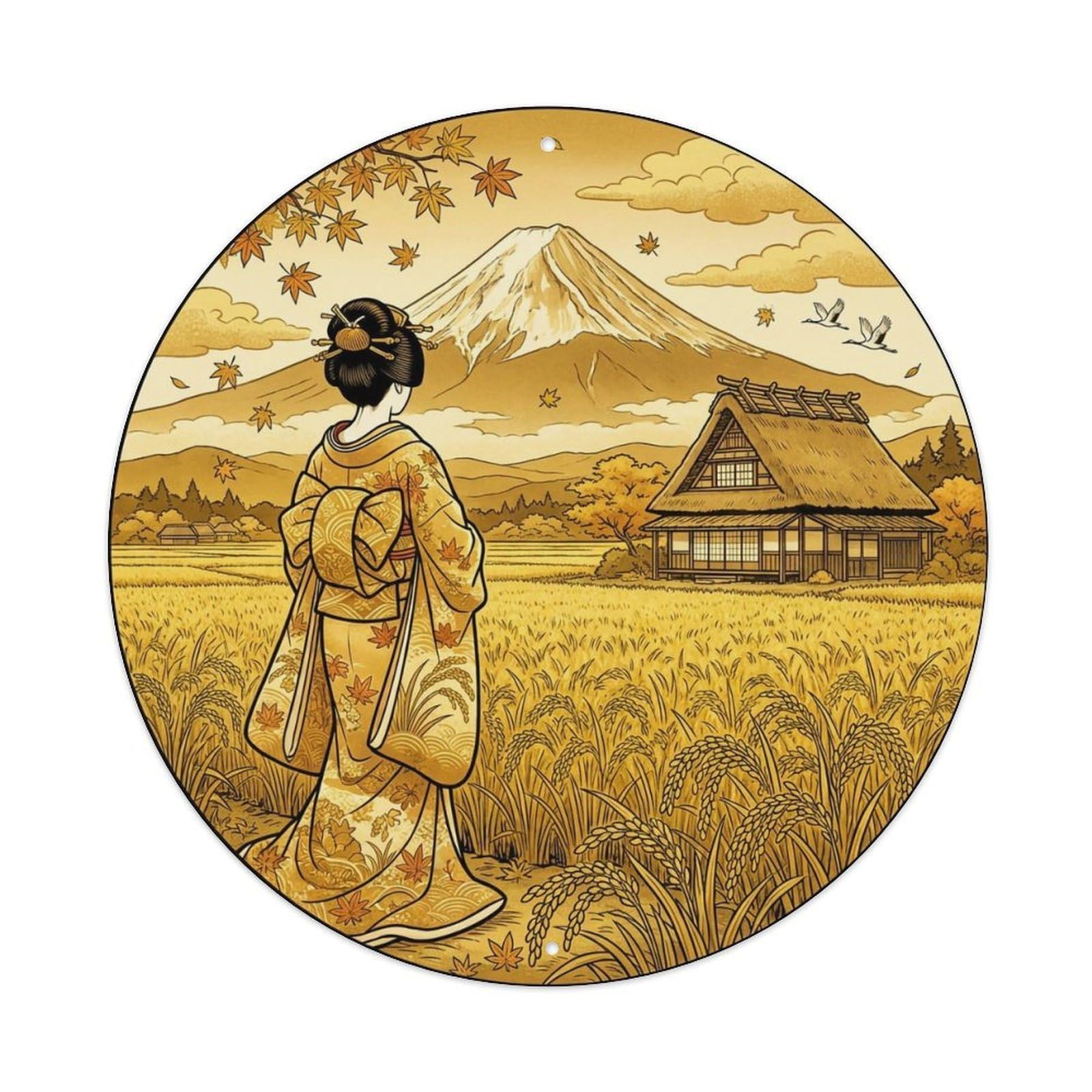 Yrnq 8X8inch Vintage Style Japanese Kimono Lady Golden Rice Field Heritage Landscape Metal Tin Sign