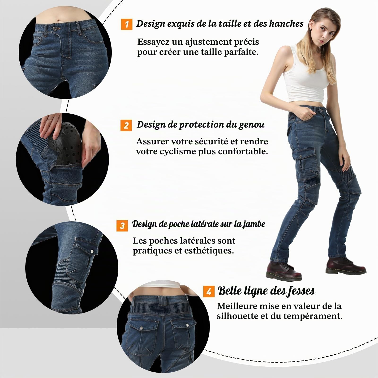 HULG Pantalon Moto Femme, Jean De Motard Coupe Slim Avec Protections Des Genoux Et Des Hanches, Moulant Élastique (Blue, XXS)