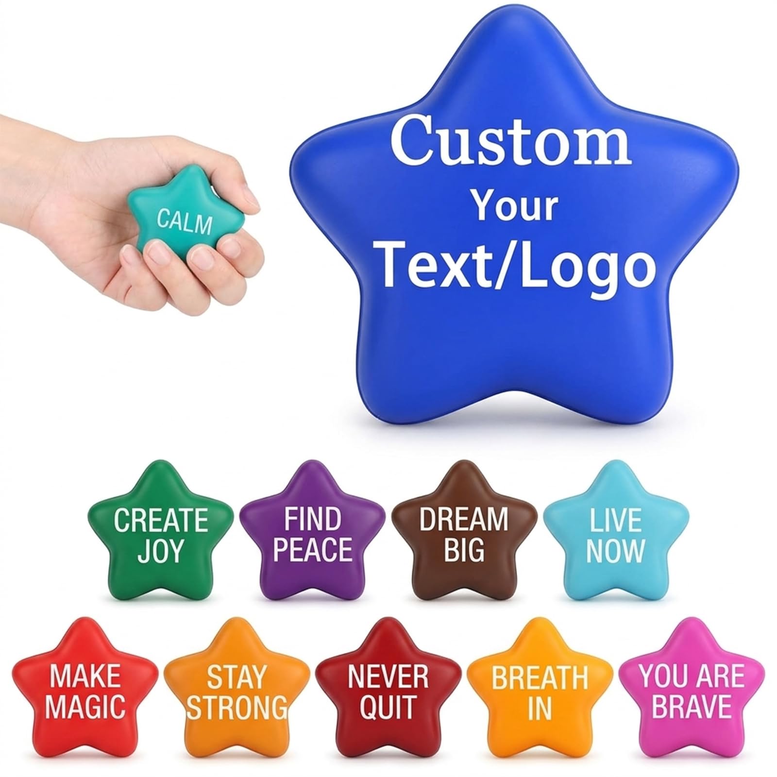 Solarix Custom Stress Balls, 1-200 Pcs Bulk Pack, Personalised Logo & Text Print, Multi Shapes Colors, Relief Squeeze Toys for Adults Office School Home Party Use (Star)