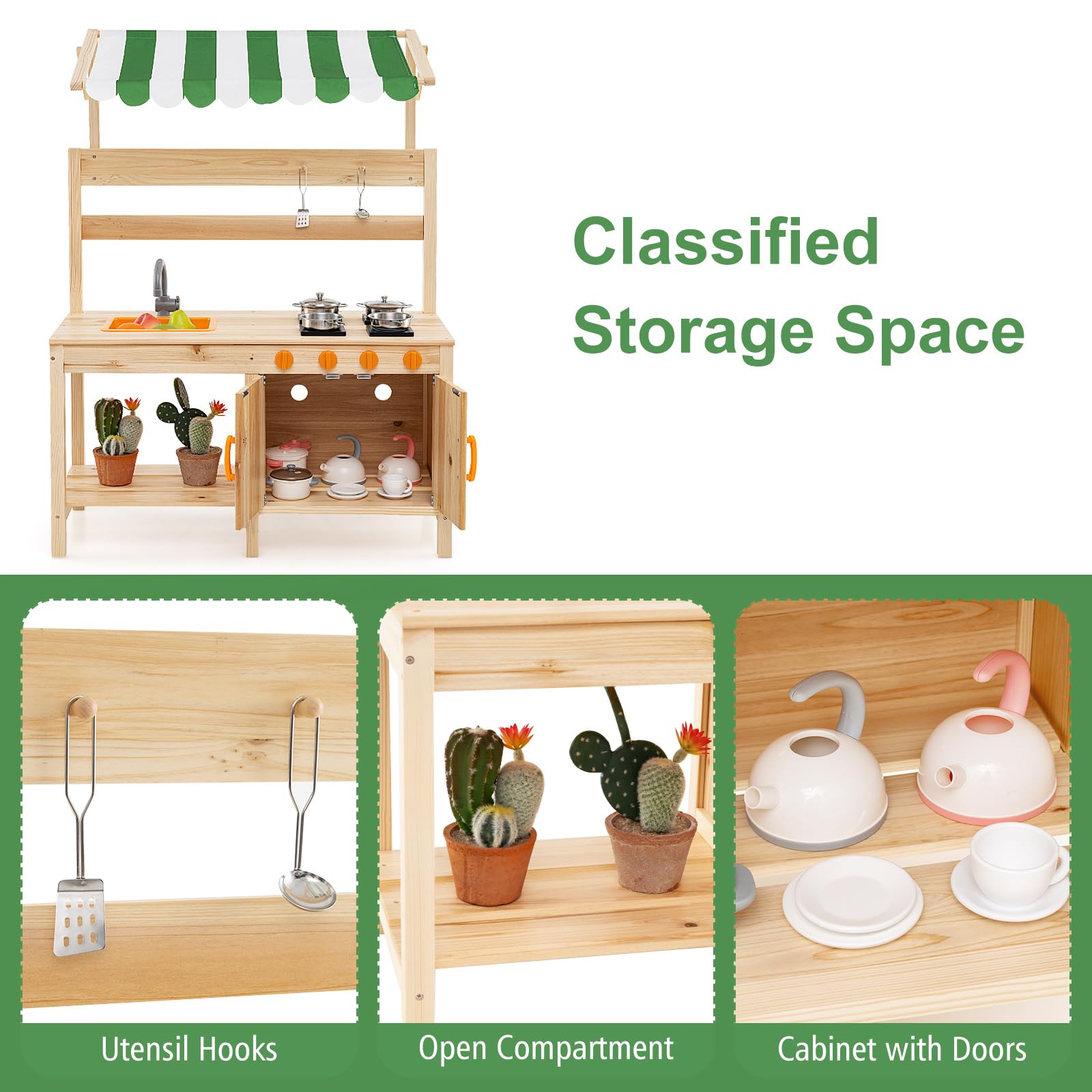 HOMASIS Cucina per Bambini con Tettoia, Cucina Giocattolo in Legno con 4 Fornelli, 2 Ganci, 1 Lavello e 4 Lavagnette, Cucinetta per Bambini da 3+ Anni da Esterno, 88 x 39 x 117 cm