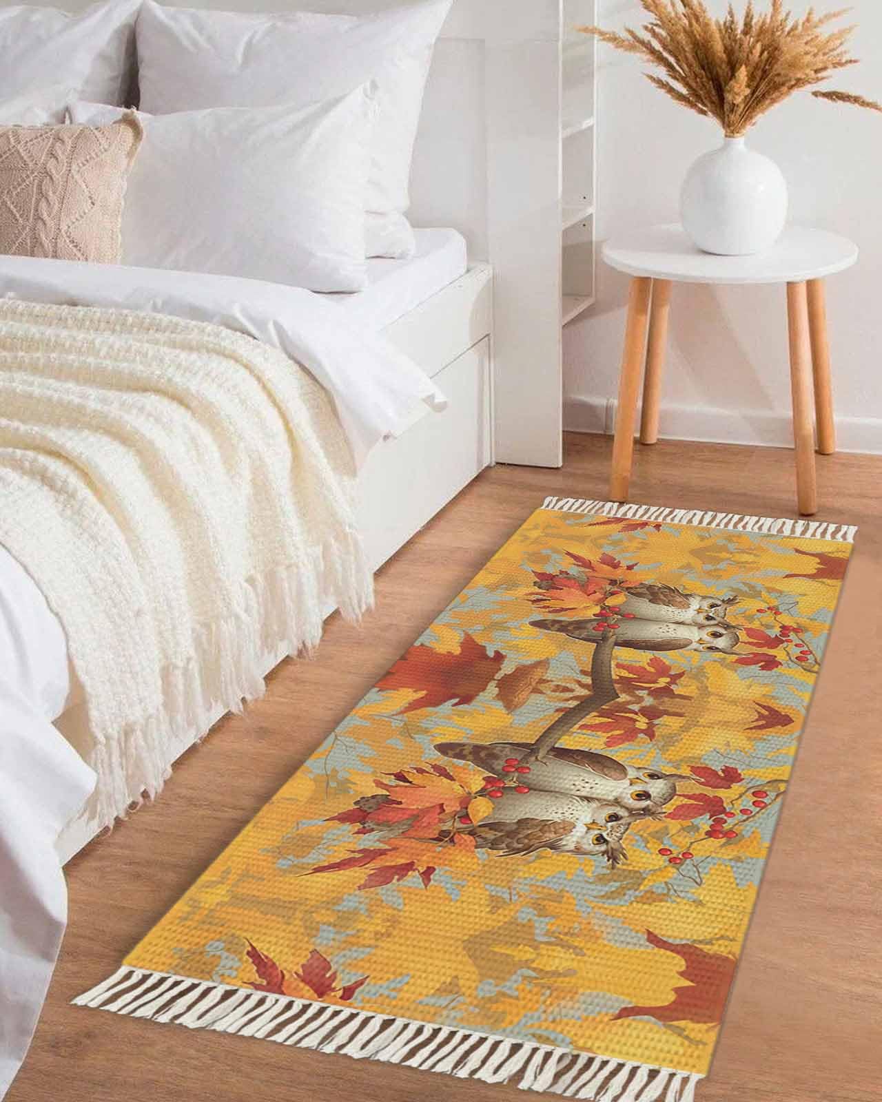 Gifikkazinn Fall Owl Rugs for Entryway 2 x 5 Ft, Laundry Room Rug Washable, Orange Red Maple Leaf Autumn Thanksgiving Absorbent Bath Door Mat Tassels