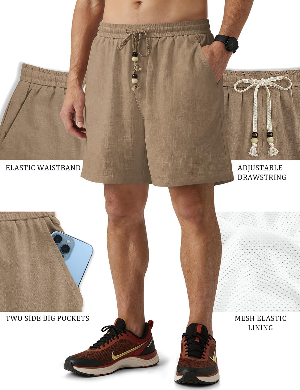 TARSE Linen Shorts for Men Casual 7 Inch Inseam Summer Beach Vacation