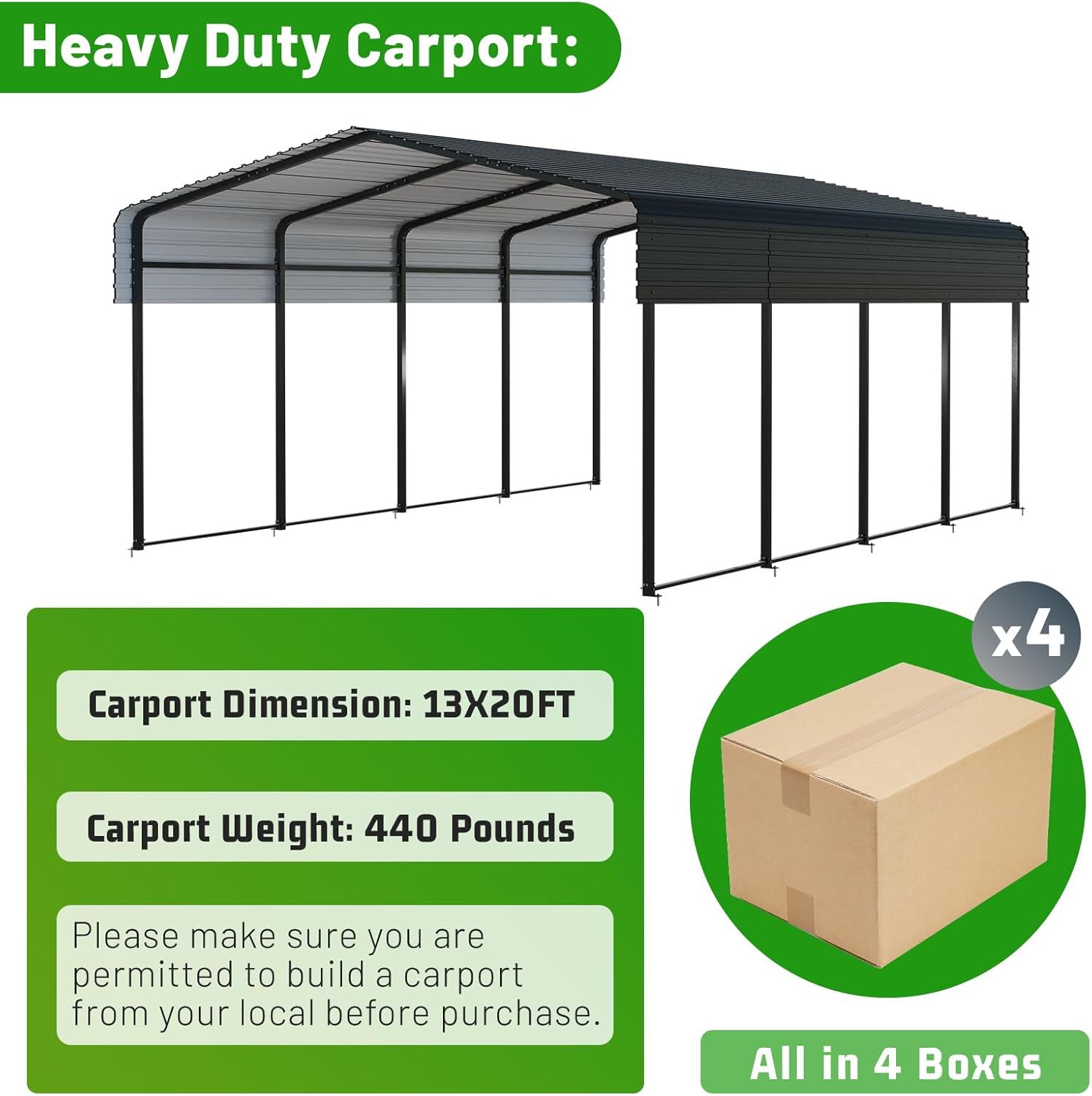 Diagram showing the 13x20 FT carport dimensions and four shipping boxes