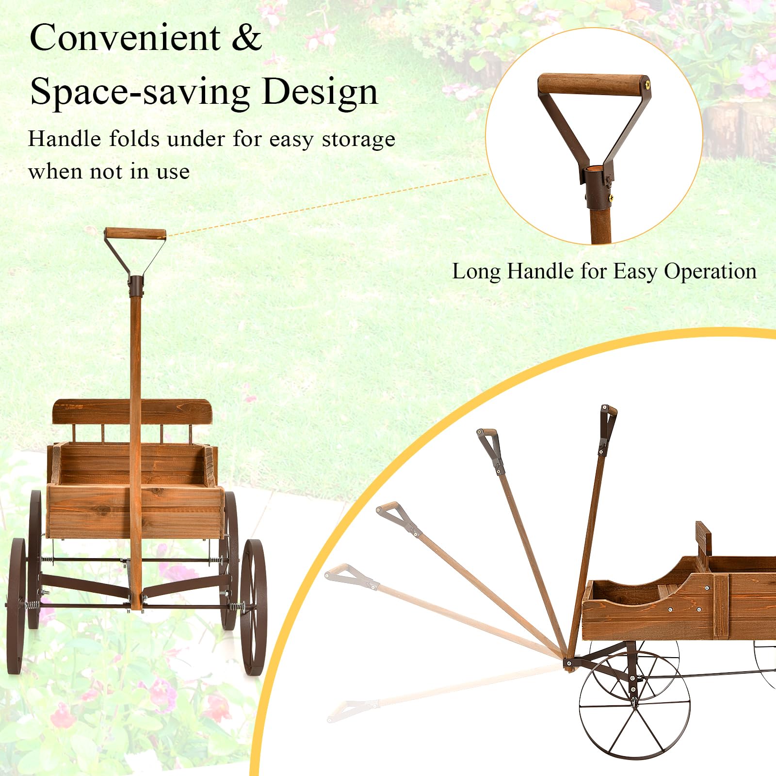 HOMASIS Jardinera Carrito de Madera para Plantas, Carretilla con Ruedas de Metal y 2 Compartimentos, Maceta en Forma de Monociclo Decorativo para jardín, terraza, Patio, 63x35x62,5cm (Marrón)