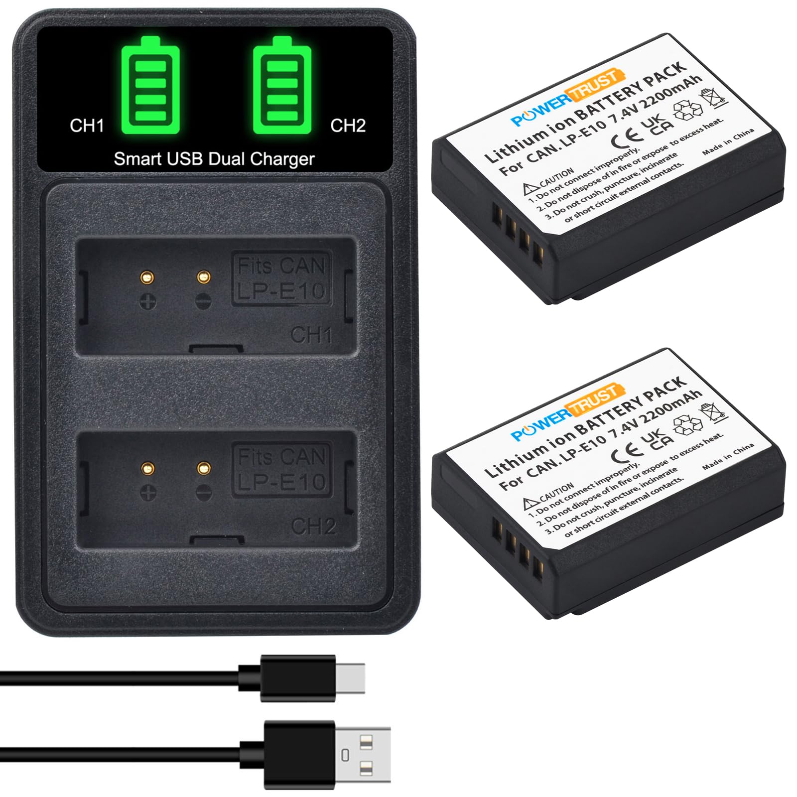 PowerTrust 2-Pack LP-E10 Battery LP E10 LPE10 Batteries and LCD USB Dual Battery Charger for Canon EOS Rebel T3, T5, T6, T7, Kiss X50, Kiss X70, EOS
