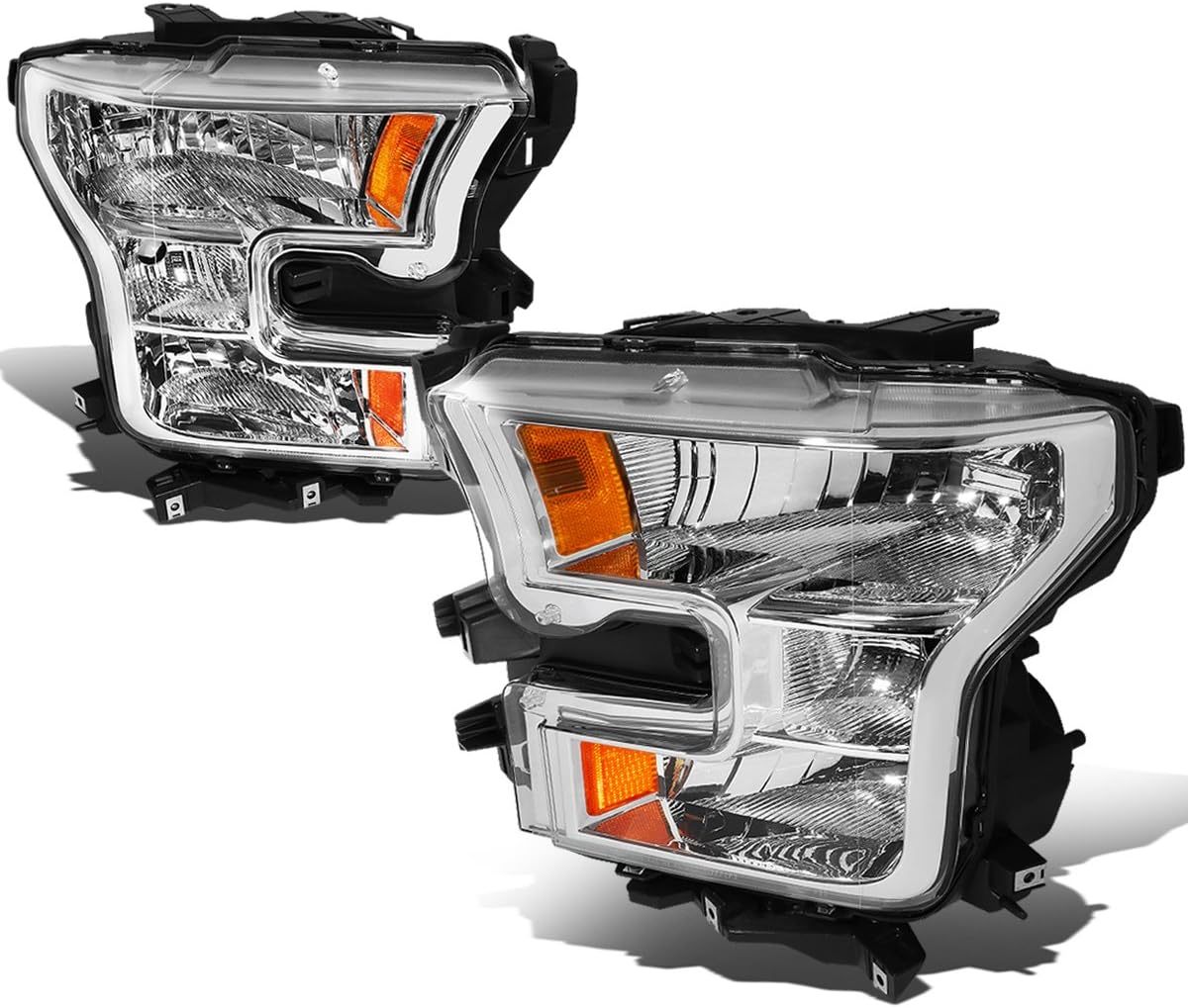 Auto Dynasty Headlights Assembly Compatible with 2015 2016 2017 Ford F150 13th Gen, Driver and Passenger Side Halogen Headlamps Replacement, Chrome Housing Amber Corner